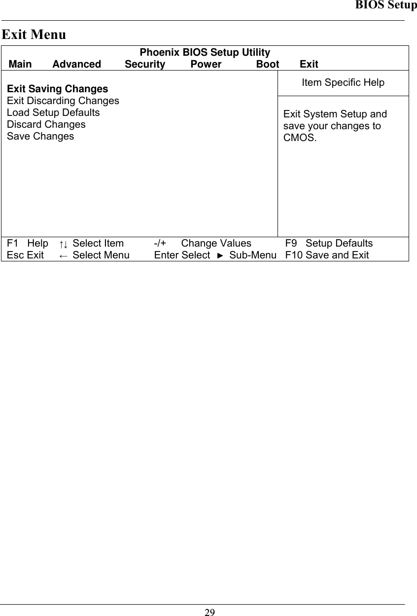 BIOS Setup  29Exit Menu Phoenix BIOS Setup Utility Main Advanced  Security  Power  Boot Exit Item Specific Help  Exit Saving Changes  Exit Discarding Changes  Load Setup Defaults  Discard Changes  Save Changes          Exit System Setup and save your changes to CMOS. F1   Help ↑↓ Select Item -/+  Change Values F9   Setup Defaults Esc Exit ← Select Menu Enter Select ► Sub-Menu F10 Save and Exit   