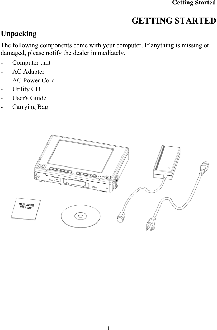 Getting Started  1 GETTING STARTED  Unpacking The following components come with your computer. If anything is missing or damaged, please notify the dealer immediately. - Computer unit - AC Adapter - AC Power Cord - Utility CD - User&apos;s Guide - Carrying Bag   