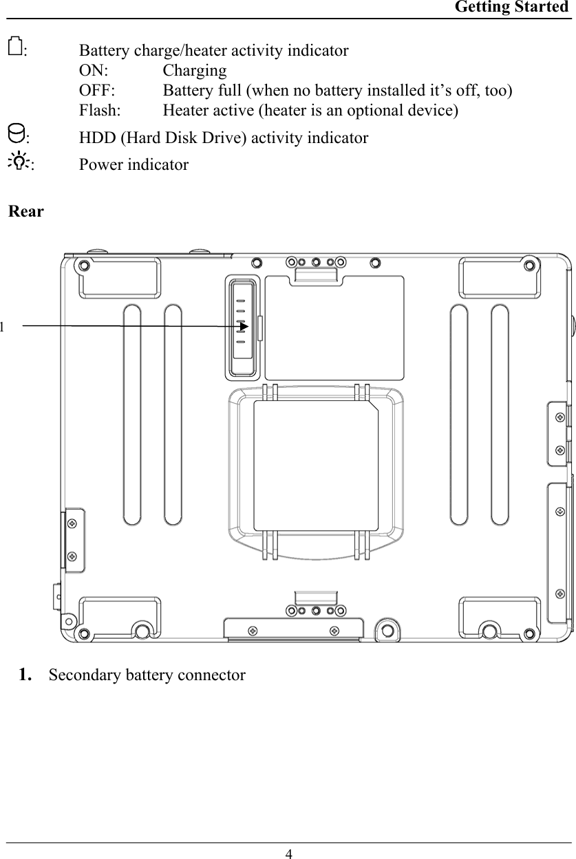 Getting Started  4 :  Battery charge/heater activity indicator  ON:   Charging OFF:   Battery full (when no battery installed it’s off, too) Flash:   Heater active (heater is an optional device) :  HDD (Hard Disk Drive) activity indicator : Power indicator  Rear  1. Secondary battery connector  1 