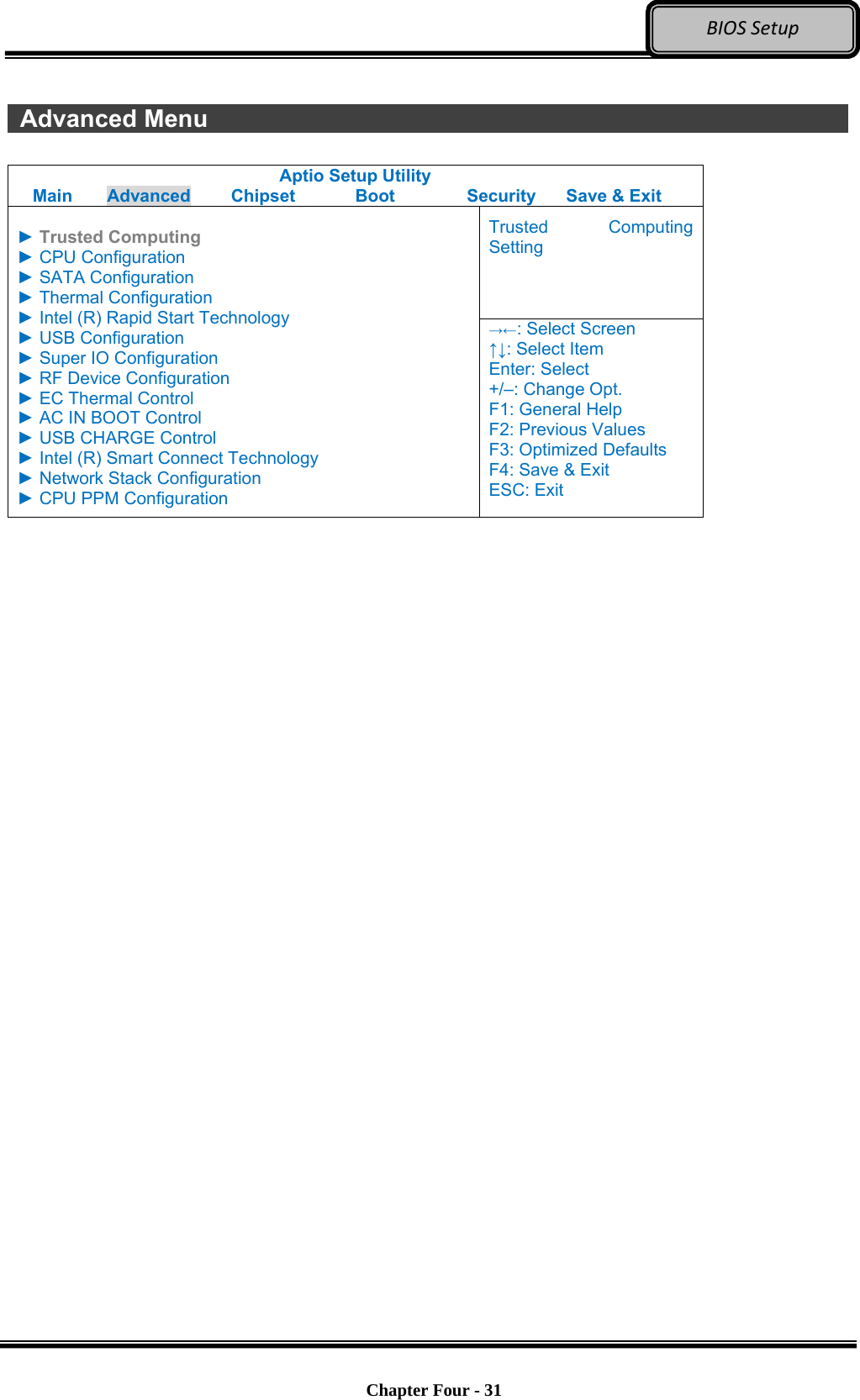 Optional Devices    Chapter Four - 31  BIOSSetup  Advanced Menu                  Aptio Setup Utility Main  Advanced  Chipset  Boot  Security  Save &amp; Exit Trusted Computing Setting  ► Trusted Computing ► CPU Configuration ► SATA Configuration ► Thermal Configuration ► Intel (R) Rapid Start Technology ► USB Configuration ► Super IO Configuration ► RF Device Configuration ► EC Thermal Control ► AC IN BOOT Control ► USB CHARGE Control ► Intel (R) Smart Connect Technology ► Network Stack Configuration ► CPU PPM Configuration →←: Select Screen ↑↓: Select Item Enter: Select +/–: Change Opt. F1: General Help F2: Previous Values F3: Optimized Defaults F4: Save &amp; Exit ESC: Exit   