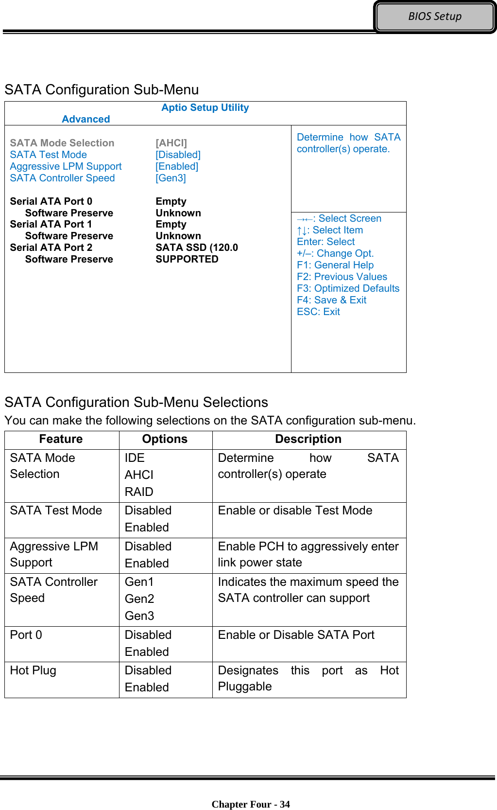 Optional Devices    Chapter Four - 34  BIOSSetup  SATA Configuration Sub-Menu Aptio Setup Utility  Advanced  Determine how SATA controller(s) operate.  SATA Mode Selection    [AHCI] SATA Test Mode      [Disabled] Aggressive LPM Support    [Enabled] SATA Controller Speed    [Gen3]  Serial ATA Port 0      Empty    Software Preserve    Unknown Serial ATA Port 1      Empty    Software Preserve    Unknown Serial ATA Port 2      SATA SSD (120.0    Software Preserve    SUPPORTED →←: Select Screen ↑↓: Select Item Enter: Select +/–: Change Opt. F1: General Help F2: Previous Values F3: Optimized Defaults F4: Save &amp; Exit ESC: Exit  SATA Configuration Sub-Menu Selections You can make the following selections on the SATA configuration sub-menu.   Feature Options  Description SATA Mode Selection IDE AHCI RAID Determine how SATA controller(s) operate SATA Test Mode  Disabled Enabled Enable or disable Test Mode Aggressive LPM Support Disabled Enabled Enable PCH to aggressively enter link power state SATA Controller Speed Gen1 Gen2 Gen3 Indicates the maximum speed the SATA controller can support Port 0  Disabled Enabled Enable or Disable SATA Port Hot Plug  Disabled Enabled Designates this port as Hot Pluggable 