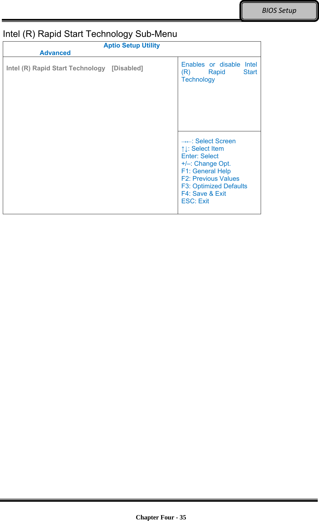 Optional Devices    Chapter Four - 35  BIOSSetupIntel (R) Rapid Start Technology Sub-Menu Aptio Setup Utility  Advanced  Enables or disable Intel (R) Rapid Start Technology  Intel (R) Rapid Start Technology    [Disabled]   →←: Select Screen ↑↓: Select Item Enter: Select +/–: Change Opt. F1: General Help F2: Previous Values F3: Optimized Defaults F4: Save &amp; Exit ESC: Exit  