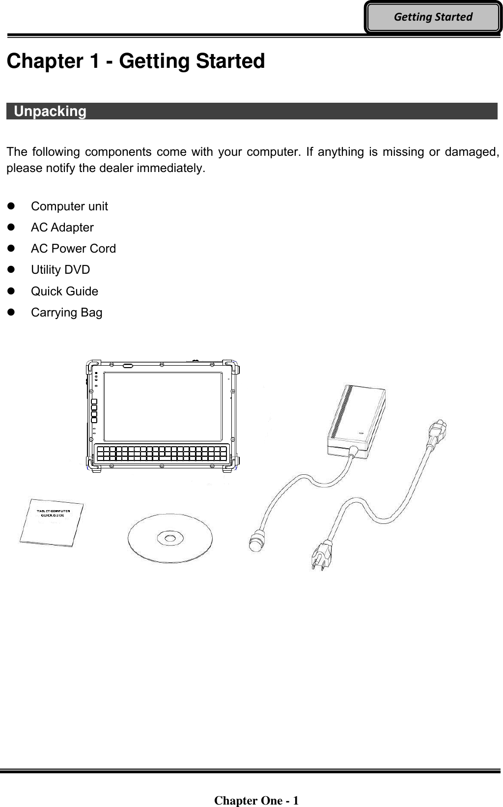   Chapter One - 1  Getting Started Chapter 1 - Getting Started     Unpacking                   The following components come with your computer. If anything is missing or damaged, please notify the dealer immediately.    Computer unit   AC Adapter   AC Power Cord   Utility DVD   Quick Guide   Carrying Bag   