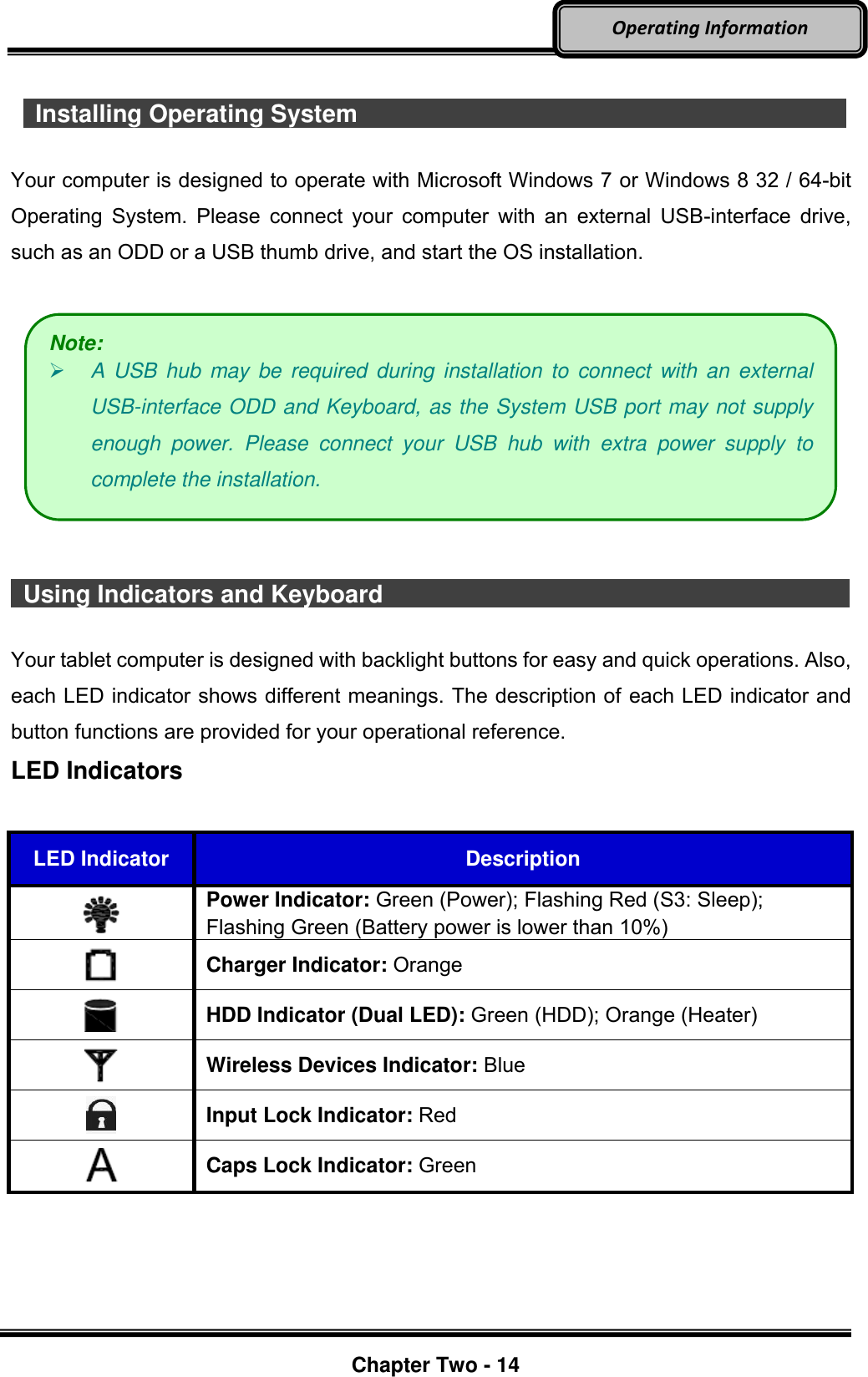     Chapter Two - 14  Operating Information    Installing Operating System                          Your computer is designed to operate with Microsoft Windows 7 or Windows 8 32 / 64-bit Operating System. Please connect  your  computer with an  external  USB-interface  drive, such as an ODD or a USB thumb drive, and start the OS installation.       Using Indicators and Keyboard                                                                                                 Your tablet computer is designed with backlight buttons for easy and quick operations. Also, each LED indicator shows different meanings. The description of each LED indicator and button functions are provided for your operational reference. LED Indicators  LED Indicator Description  Power Indicator: Green (Power); Flashing Red (S3: Sleep); Flashing Green (Battery power is lower than 10%)  Charger Indicator: Orange  HDD Indicator (Dual LED): Green (HDD); Orange (Heater)  Wireless Devices Indicator: Blue  Input Lock Indicator: Red  Caps Lock Indicator: Green  Note:  A  USB  hub  may be  required during  installation to  connect  with  an  external USB-interface ODD and Keyboard, as the System USB port may not supply enough  power.  Please  connect  your  USB  hub  with  extra  power  supply  to complete the installation. 