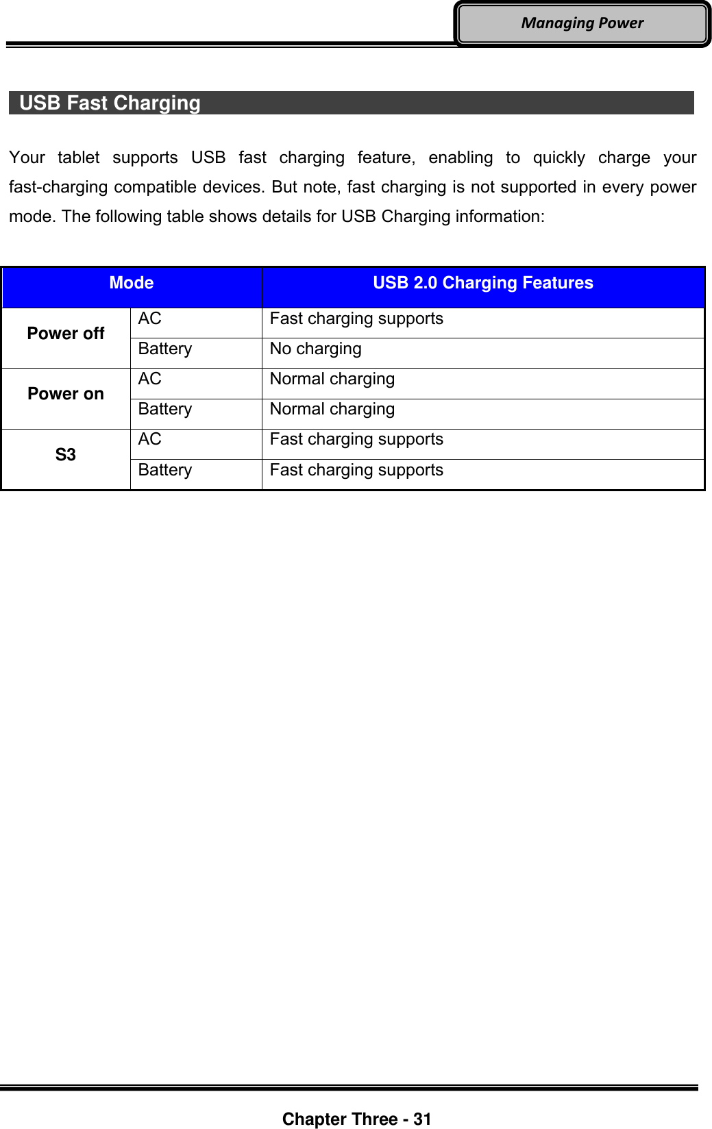     Chapter Three - 31  Managing Power    USB Fast Charging                                Your  tablet  supports  USB  fast  charging  feature,  enabling  to  quickly  charge  your fast-charging compatible devices. But note, fast charging is not supported in every power mode. The following table shows details for USB Charging information:  Mode USB 2.0 Charging Features Power off AC Fast charging supports Battery No charging Power on AC Normal charging Battery Normal charging S3 AC Fast charging supports Battery Fast charging supports    