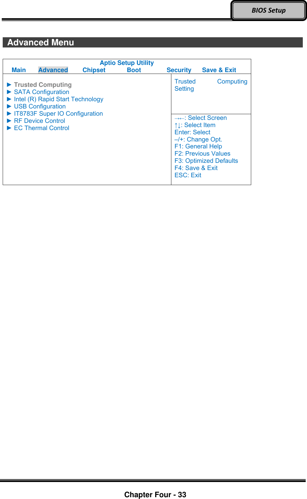 Optional Devices    Chapter Four - 33  BIOS Setup    Advanced Menu                                 Aptio Setup Utility Main  Advanced  Chipset  Boot  Security  Save &amp; Exit  ► Trusted Computing ► SATA Configuration ► Intel (R) Rapid Start Technology ► USB Configuration ► IT8783F Super IO Configuration ► RF Device Control ► EC Thermal Control Trusted  Computing Setting →←: Select Screen ↑↓: Select Item Enter: Select –/+: Change Opt. F1: General Help F2: Previous Values F3: Optimized Defaults F4: Save &amp; Exit ESC: Exit   