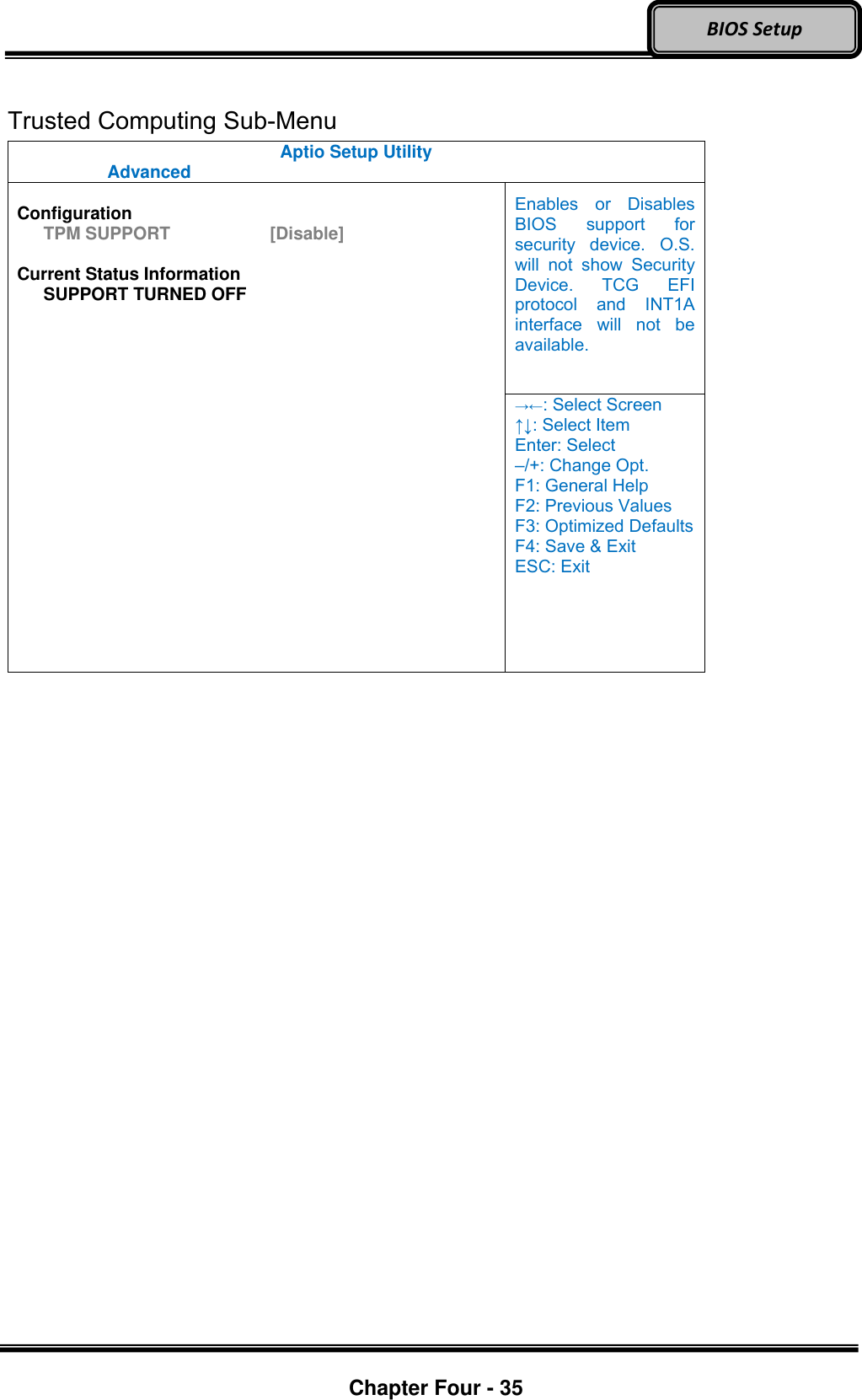 Optional Devices    Chapter Four - 35  BIOS Setup  Trusted Computing Sub-Menu Aptio Setup Utility   Advanced    Configuration TPM SUPPORT      [Disable]  Current Status Information SUPPORT TURNED OFF  Enables  or  Disables BIOS  support  for security  device.  O.S. will  not  show  Security Device.  TCG  EFI protocol  and  INT1A interface  will  not  be available. →←: Select Screen ↑↓: Select Item Enter: Select –/+: Change Opt. F1: General Help F2: Previous Values F3: Optimized Defaults F4: Save &amp; Exit ESC: Exit  