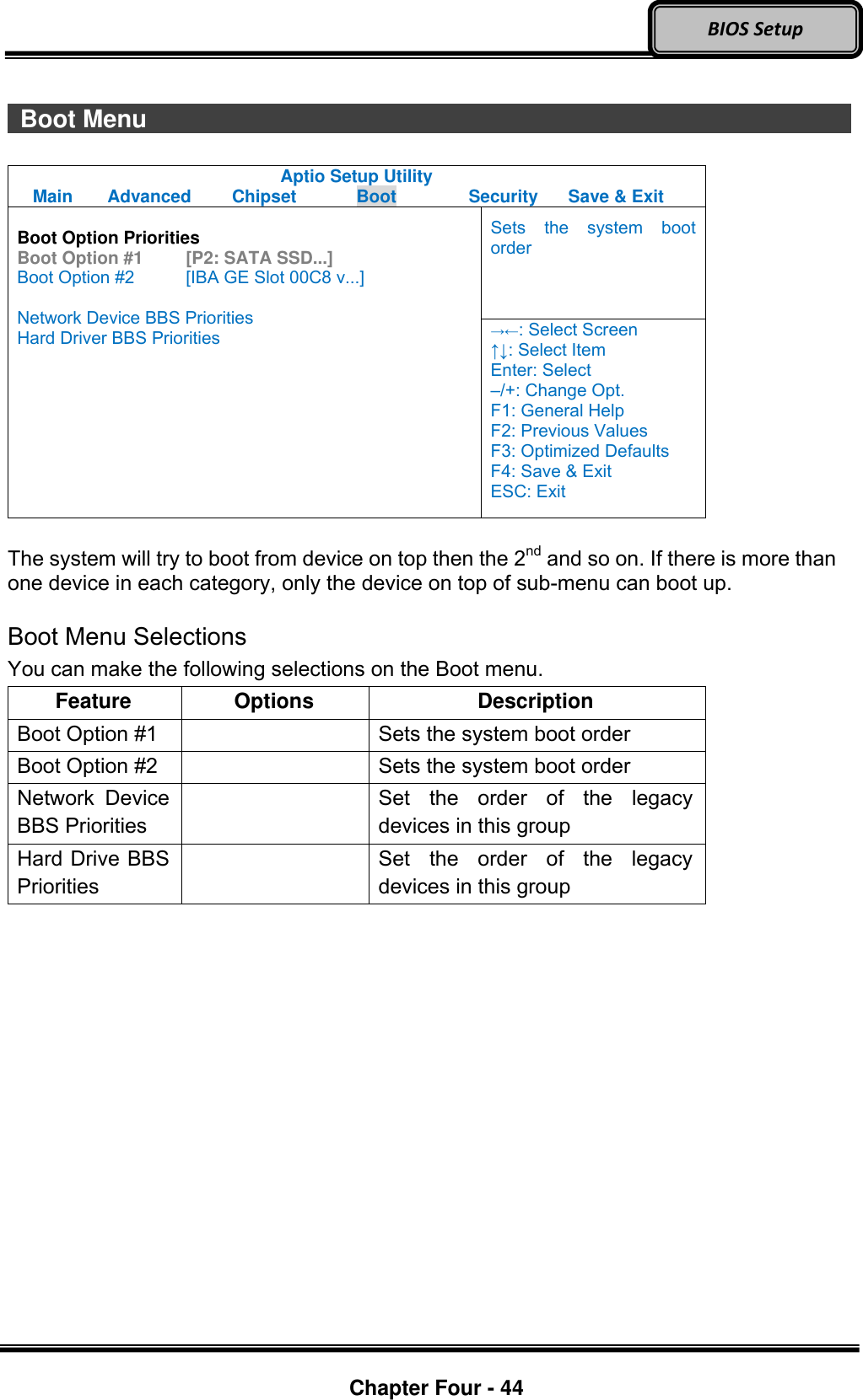 Optional Devices    Chapter Four - 44  BIOS Setup   Boot Menu                   Aptio Setup Utility Main  Advanced  Chipset  Boot  Security  Save &amp; Exit  Boot Option Priorities Boot Option #1   [P2: SATA SSD...] Boot Option #2    [IBA GE Slot 00C8 v...]  Network Device BBS Priorities Hard Driver BBS Priorities Sets  the  system  boot order →←: Select Screen ↑↓: Select Item Enter: Select –/+: Change Opt. F1: General Help F2: Previous Values F3: Optimized Defaults F4: Save &amp; Exit ESC: Exit  The system will try to boot from device on top then the 2nd and so on. If there is more than one device in each category, only the device on top of sub-menu can boot up.  Boot Menu Selections You can make the following selections on the Boot menu.   Feature Options Description Boot Option #1  Sets the system boot order Boot Option #2  Sets the system boot order Network  Device BBS Priorities  Set  the  order  of  the  legacy devices in this group Hard Drive BBS Priorities  Set  the  order  of  the  legacy devices in this group  