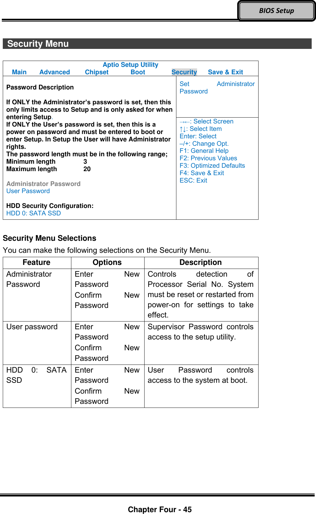 Optional Devices    Chapter Four - 45  BIOS Setup    Security Menu                                  Aptio Setup Utility Main  Advanced  Chipset  Boot  Security  Save &amp; Exit  Password Description  If ONLY the Administrator’s password is set, then this only limits access to Setup and is only asked for when entering Setup. If ONLY the User’s password is set, then this is a power on password and must be entered to boot or enter Setup. In Setup the User will have Administrator rights. The password length must be in the following range; Minimum length    3 Maximum length    20  Administrator Password User Password  HDD Security Configuration: HDD 0: SATA SSD Set  Administrator Password →←: Select Screen ↑↓: Select Item Enter: Select –/+: Change Opt. F1: General Help F2: Previous Values F3: Optimized Defaults F4: Save &amp; Exit ESC: Exit  Security Menu Selections You can make the following selections on the Security Menu. Feature Options Description Administrator Password Enter  New Password Confirm  New Password Controls  detection  of Processor  Serial  No.  System must be reset or restarted from power-on  for  settings  to  take effect. User password Enter  New Password Confirm  New Password Supervisor  Password  controls access to the setup utility. HDD  0:  SATA SSD Enter  New Password Confirm  New Password User  Password  controls access to the system at boot.  