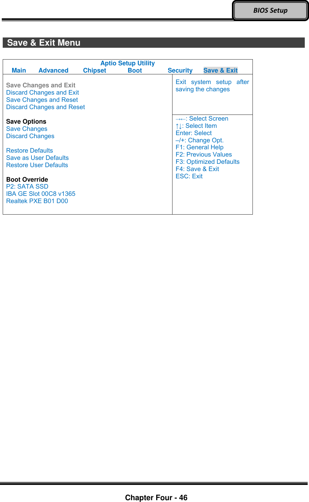 Optional Devices    Chapter Four - 46  BIOS Setup    Save &amp; Exit Menu                                Aptio Setup Utility Main  Advanced  Chipset  Boot  Security  Save &amp; Exit  Save Changes and Exit Discard Changes and Exit Save Changes and Reset Discard Changes and Reset  Save Options Save Changes Discard Changes  Restore Defaults Save as User Defaults Restore User Defaults  Boot Override P2: SATA SSD IBA GE Slot 00C8 v1365 Realtek PXE B01 D00 Exit  system  setup  after saving the changes →←: Select Screen ↑↓: Select Item Enter: Select –/+: Change Opt. F1: General Help F2: Previous Values F3: Optimized Defaults F4: Save &amp; Exit ESC: Exit   