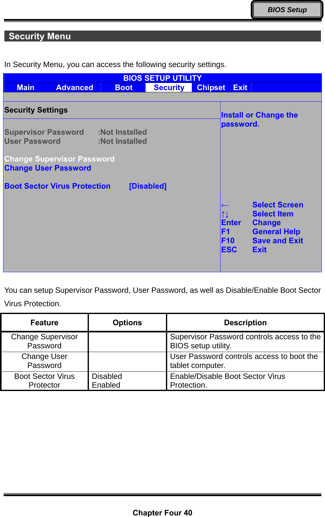  Chapter Four 40 BIOS Setup  Security Menu                                                           In Security Menu, you can access the following security settings. BIOS SETUP UTILITY Main  Advanced  Boot  Security  Chipset  Exit    Security Settings  Supervisor Password  :Not Installed User Password   :Not Installed  Change Supervisor Password Change User Password  Boot Sector Virus Protection   [Disabled]  Install or Change the password.         ←  Select Screen ↑↓   Select Item Enter  Change F1  General Help F10   Save and Exit ESC   Exit    You can setup Supervisor Password, User Password, as well as Disable/Enable Boot Sector Virus Protection. Feature  Options  Description Change Supervisor Password    Supervisor Password controls access to the BIOS setup utility. Change User Password    User Password controls access to boot the tablet computer. Boot Sector Virus Protector  Disabled Enabled  Enable/Disable Boot Sector Virus Protection.  