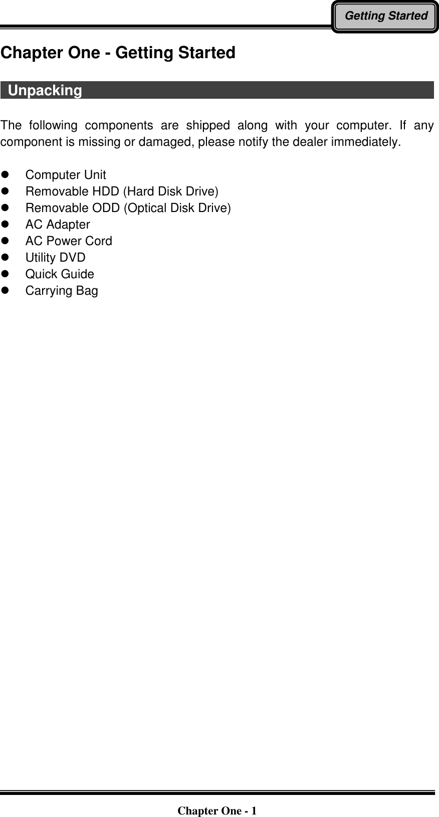   Chapter One - 1 Getting Started Chapter One - Getting Started    Unpacking                                                                                                    The  following  components  are  shipped  along  with  your  computer.  If  any component is missing or damaged, please notify the dealer immediately.    Computer Unit   Removable HDD (Hard Disk Drive)   Removable ODD (Optical Disk Drive)   AC Adapter   AC Power Cord   Utility DVD   Quick Guide   Carrying Bag 