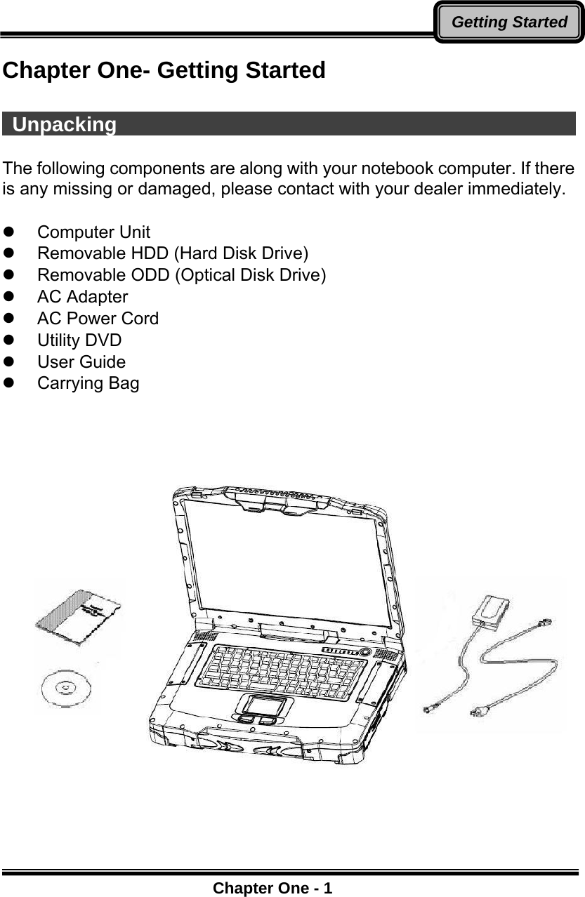      Chapter One - 1Getting StartedChapter One- Getting Started   Unpacking                                                The following components are along with your notebook computer. If there is any missing or damaged, please contact with your dealer immediately.  z Computer Unit z  Removable HDD (Hard Disk Drive) z  Removable ODD (Optical Disk Drive) z AC Adapter z  AC Power Cord z Utility DVD z User Guide z Carrying Bag    