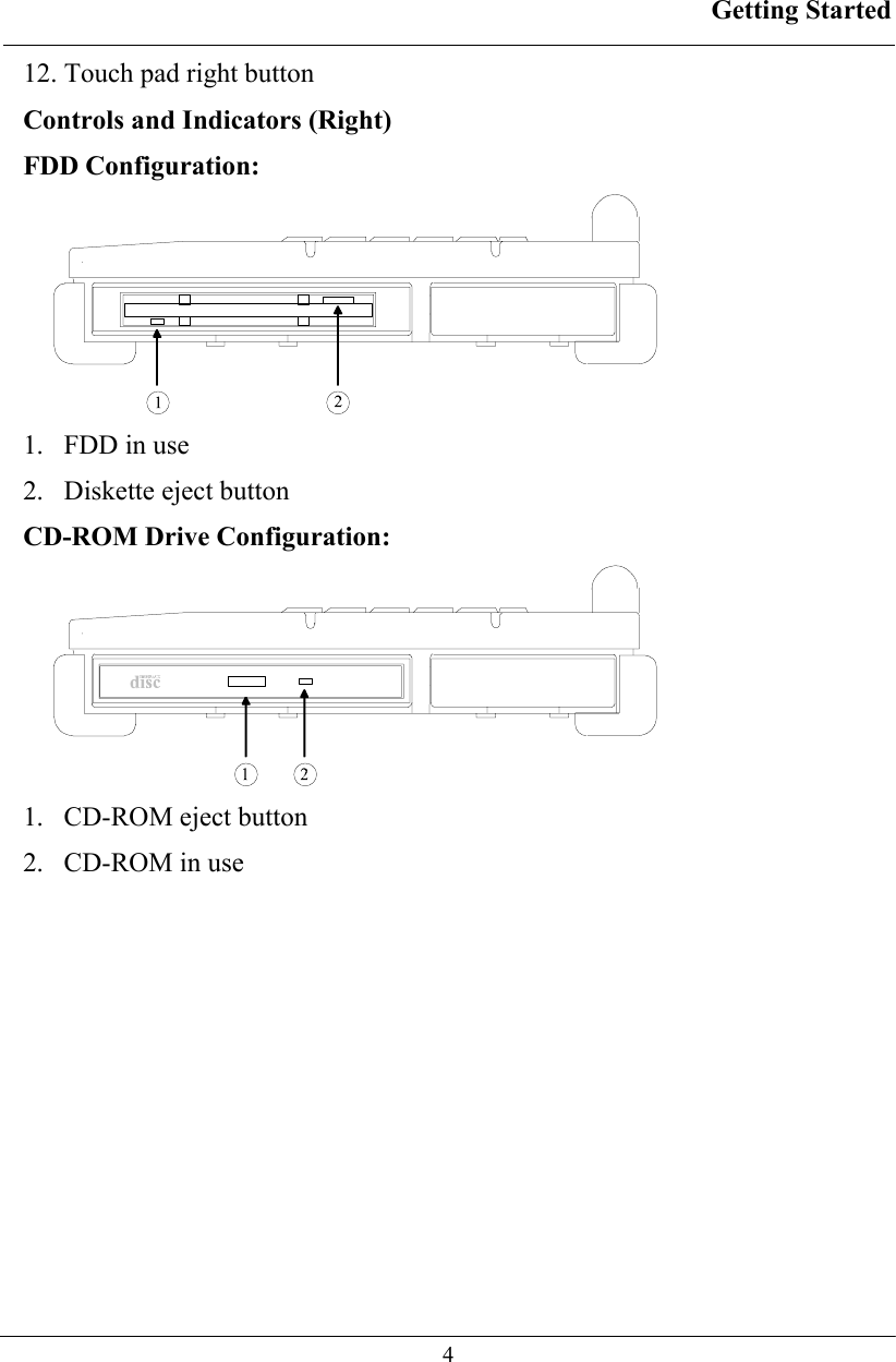 Getting Started  4 12. Touch pad right button Controls and Indicators (Right) FDD Configuration:  1.   FDD in use 2.   Diskette eject button CD-ROM Drive Configuration:  1.   CD-ROM eject button 2.   CD-ROM in use 