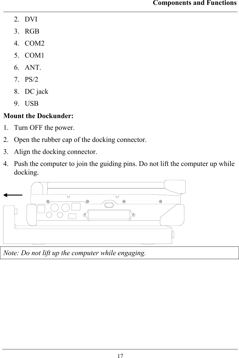 Components and Functions  17 2. DVI 3. RGB  4. COM2 5. COM1 6. ANT. 7. PS/2 8. DC jack 9. USB Mount the Dockunder: 1.  Turn OFF the power. 2.  Open the rubber cap of the docking connector. 3.  Align the docking connector.  4.  Push the computer to join the guiding pins. Do not lift the computer up while docking.  Note: Do not lift up the computer while engaging. 