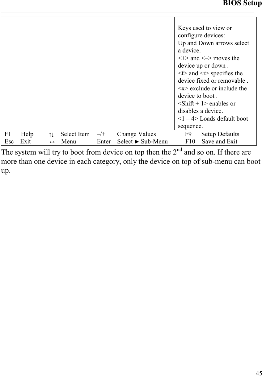 BIOS Setup   45  Keys used to view or configure devices:  Up and Down arrows select a device. &lt;+&gt; and &lt;–&gt; moves the device up or down . &lt;f&gt; and &lt;r&gt; specifies the device fixed or removable . &lt;x&gt; exclude or include the device to boot . &lt;Shift + 1&gt; enables or disables a device. &lt;1 – 4&gt; Loads default boot sequence. F1   Help        ↑↓  Select Item –/+   Change Values F9   Setup Defaults Esc Exit          ↔ Menu Enter Select ► Sub-Menu F10 Save and Exit  The system will try to boot from device on top then the 2nd and so on. If there are more than one device in each category, only the device on top of sub-menu can boot up. 