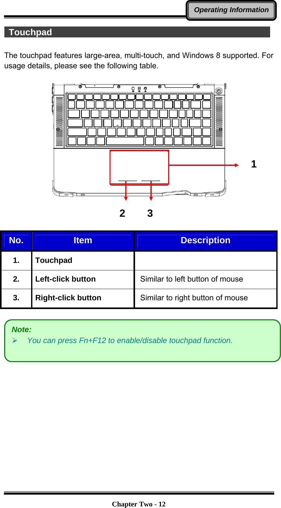   Chapter Two - 12Operating Information Touchpad                                                  The touchpad features large-area, multi-touch, and Windows 8 supported. For usage details, please see the following table.      No.  Item  Description 1. Touchpad  2. Left-click button Similar to left button of mouse 3. Right-click button  Similar to right button of mouse   Note: ¾ You can press Fn+F12 to enable/disable touchpad function.   1 2 3 