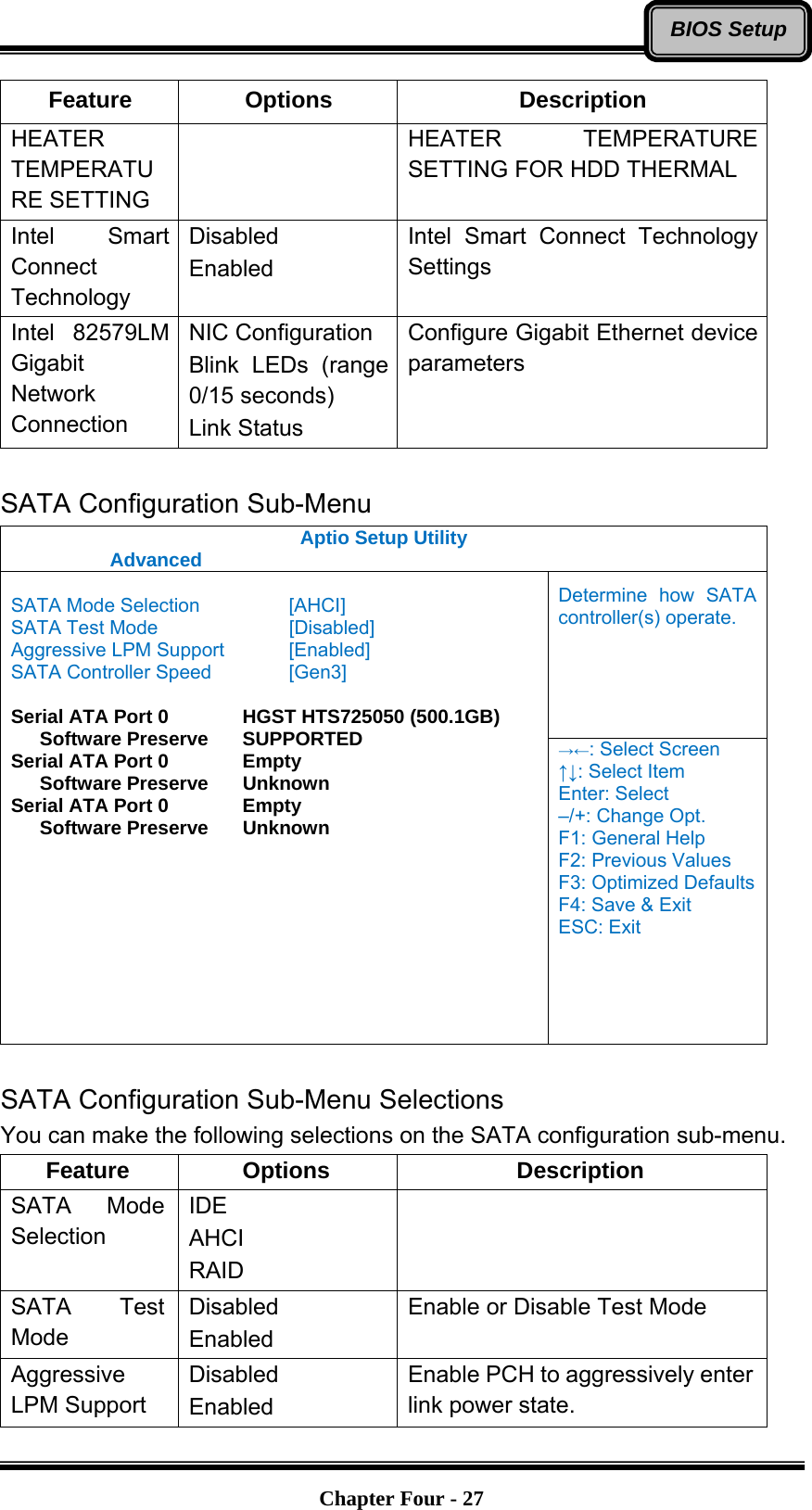   Chapter Four - 27BIOS SetupFeature Options  Description HEATER TEMPERATURE SETTING  HEATER TEMPERATURE SETTING FOR HDD THERMAL Intel Smart Connect Technology Disabled Enabled Intel Smart Connect Technology Settings Intel 82579LM Gigabit Network Connection NIC Configuration Blink LEDs (range 0/15 seconds) Link Status Configure Gigabit Ethernet device parameters  SATA Configuration Sub-Menu Aptio Setup Utility  Advanced  Determine how SATA controller(s) operate.  SATA Mode Selection    [AHCI] SATA Test Mode      [Disabled] Aggressive LPM Support    [Enabled] SATA Controller Speed    [Gen3]  Serial ATA Port 0    HGST HTS725050 (500.1GB)    Software Preserve  SUPPORTED Serial ATA Port 0    Empty    Software Preserve  Unknown Serial ATA Port 0    Empty    Software Preserve  Unknown   →←: Select Screen ↑↓: Select Item Enter: Select –/+: Change Opt. F1: General Help F2: Previous Values F3: Optimized Defaults F4: Save &amp; Exit ESC: Exit  SATA Configuration Sub-Menu Selections You can make the following selections on the SATA configuration sub-menu.   Feature Options  Description SATA Mode Selection IDE AHCI RAID  SATA Test Mode Disabled Enabled Enable or Disable Test Mode Aggressive LPM Support Disabled Enabled Enable PCH to aggressively enter link power state. 