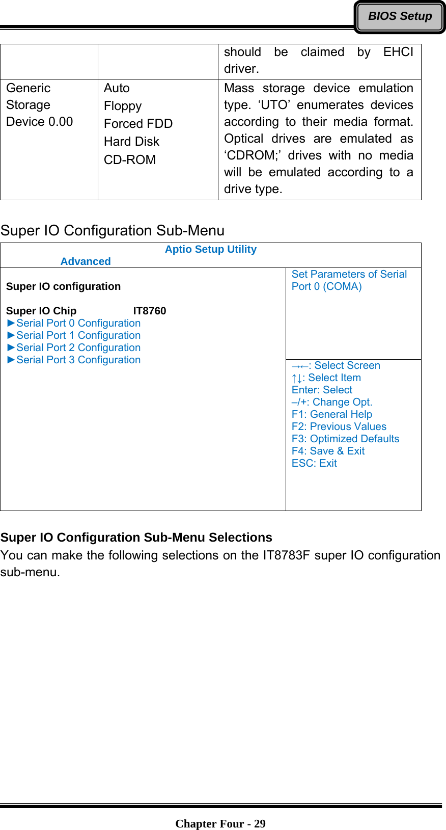   Chapter Four - 29BIOS Setupshould be claimed by EHCI driver. Generic Storage Device 0.00 Auto  Floppy  Forced FDD Hard Disk CD-ROM Mass storage device emulation type. ‘UTO’ enumerates devices according to their media format. Optical drives are emulated as ‘CDROM;’ drives with no media will be emulated according to a drive type.  Super IO Configuration Sub-Menu Aptio Setup Utility  Advanced  Set Parameters of Serial Port 0 (COMA)  Super IO configuration  Super IO Chip     IT8760 ►Serial Port 0 Configuration ►Serial Port 1 Configuration ►Serial Port 2 Configuration ►Serial Port 3 Configuration  →←: Select Screen ↑↓: Select Item Enter: Select –/+: Change Opt. F1: General Help F2: Previous Values F3: Optimized Defaults F4: Save &amp; Exit ESC: Exit  Super IO Configuration Sub-Menu Selections You can make the following selections on the IT8783F super IO configuration sub-menu.  