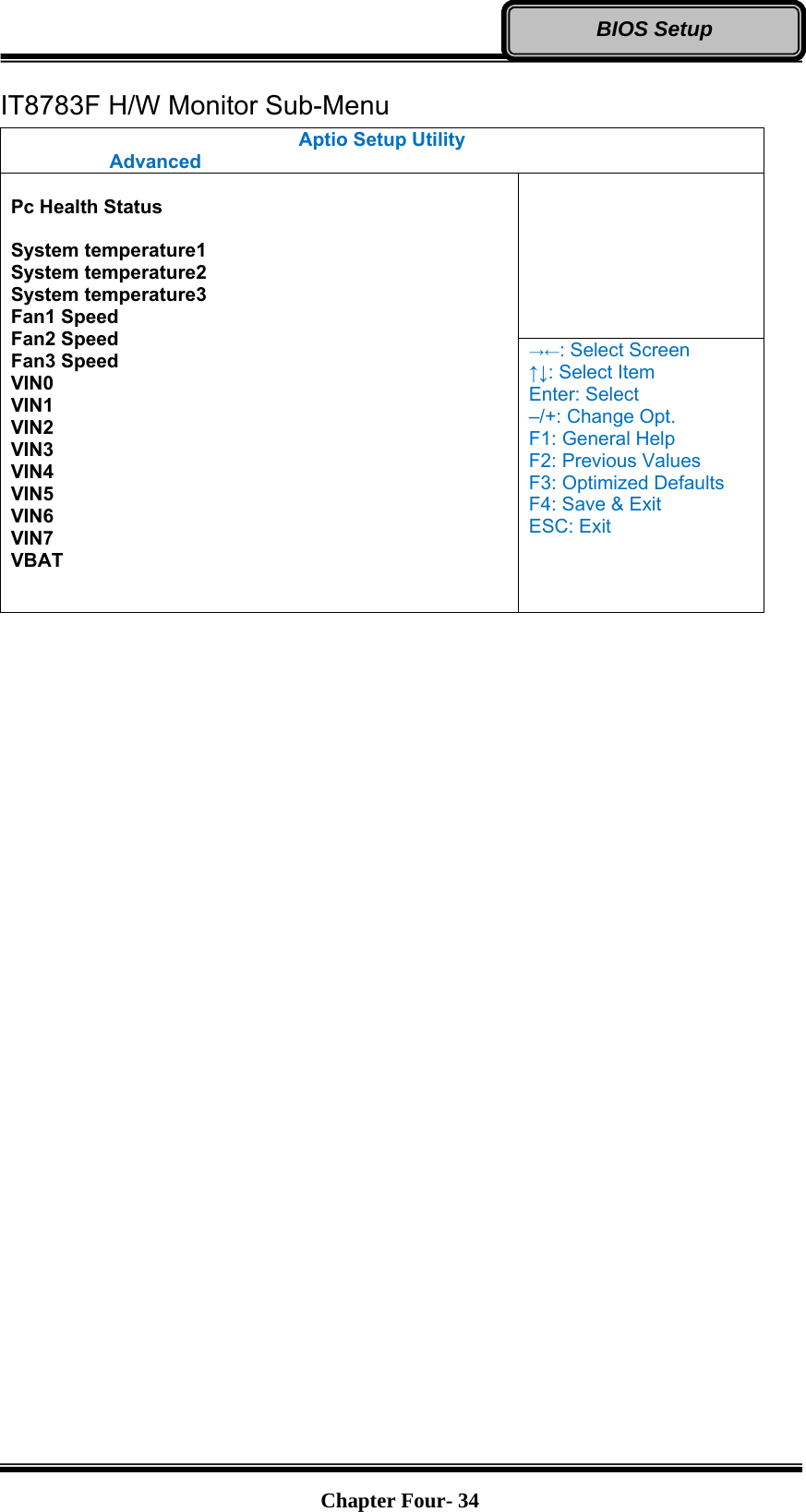   Chapter Four- 34BIOS Setup IT8783F H/W Monitor Sub-Menu Aptio Setup Utility  Advanced   Pc Health Status  System temperature1 System temperature2 System temperature3 Fan1 Speed Fan2 Speed Fan3 Speed VIN0 VIN1 VIN2 VIN3 VIN4 VIN5 VIN6 VIN7 VBAT  →←: Select Screen ↑↓: Select Item Enter: Select –/+: Change Opt. F1: General Help F2: Previous Values F3: Optimized Defaults F4: Save &amp; Exit ESC: Exit    