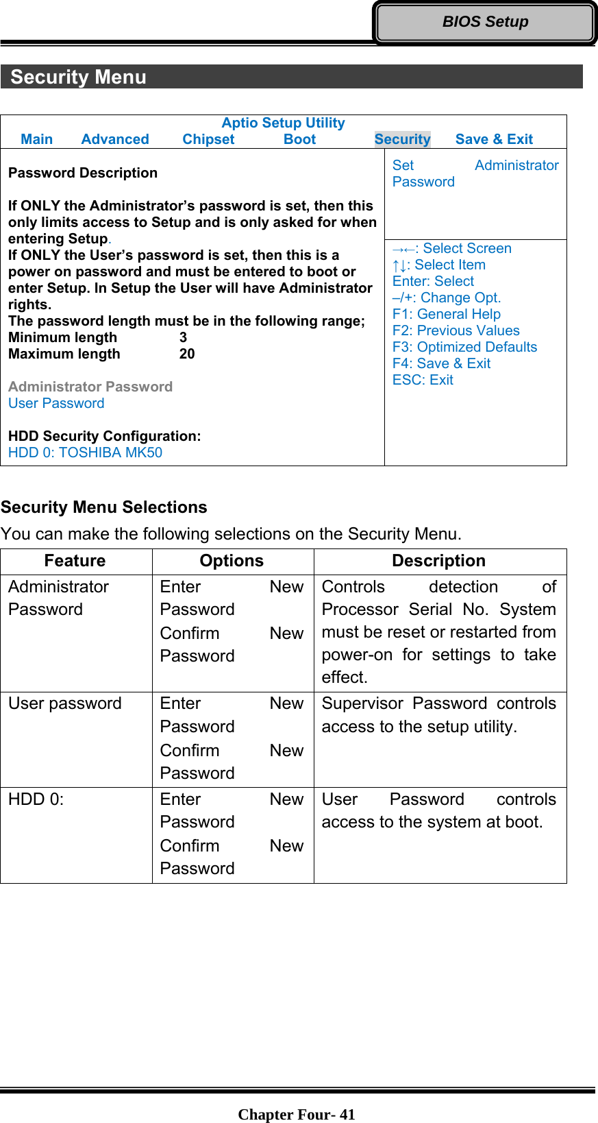   Chapter Four- 41BIOS Setup  Security Menu               Aptio Setup Utility Main  Advanced  Chipset  Boot  Security  Save &amp; Exit  Password Description  If ONLY the Administrator’s password is set, then this only limits access to Setup and is only asked for when entering Setup. If ONLY the User’s password is set, then this is a power on password and must be entered to boot or enter Setup. In Setup the User will have Administrator rights. The password length must be in the following range; Minimum length    3 Maximum length    20  Administrator Password User Password  HDD Security Configuration: HDD 0: TOSHIBA MK50 Set Administrator Password →←: Select Screen ↑↓: Select Item Enter: Select –/+: Change Opt. F1: General Help F2: Previous Values F3: Optimized Defaults F4: Save &amp; Exit ESC: Exit  Security Menu Selections You can make the following selections on the Security Menu. Feature Options  Description Administrator Password Enter New Password Confirm New Password Controls detection of Processor Serial No. System must be reset or restarted from power-on for settings to take effect. User password  Enter New Password Confirm New Password Supervisor Password controls access to the setup utility. HDD 0:    Enter New Password Confirm New Password User Password controls access to the system at boot.    