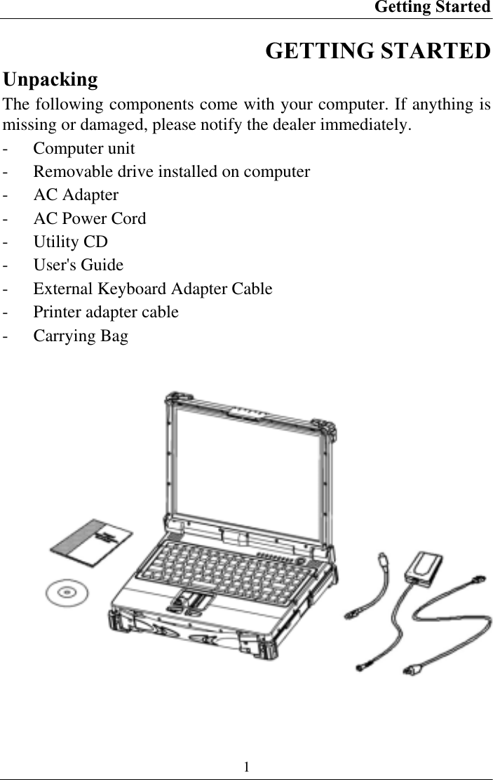 Getting Started 1GETTING STARTED Unpacking The following components come with your computer. If anything is missing or damaged, please notify the dealer immediately. - Computer unit - Removable drive installed on computer  - AC Adapter - AC Power Cord - Utility CD - User&apos;s Guide - External Keyboard Adapter Cable - Printer adapter cable- Carrying Bag 