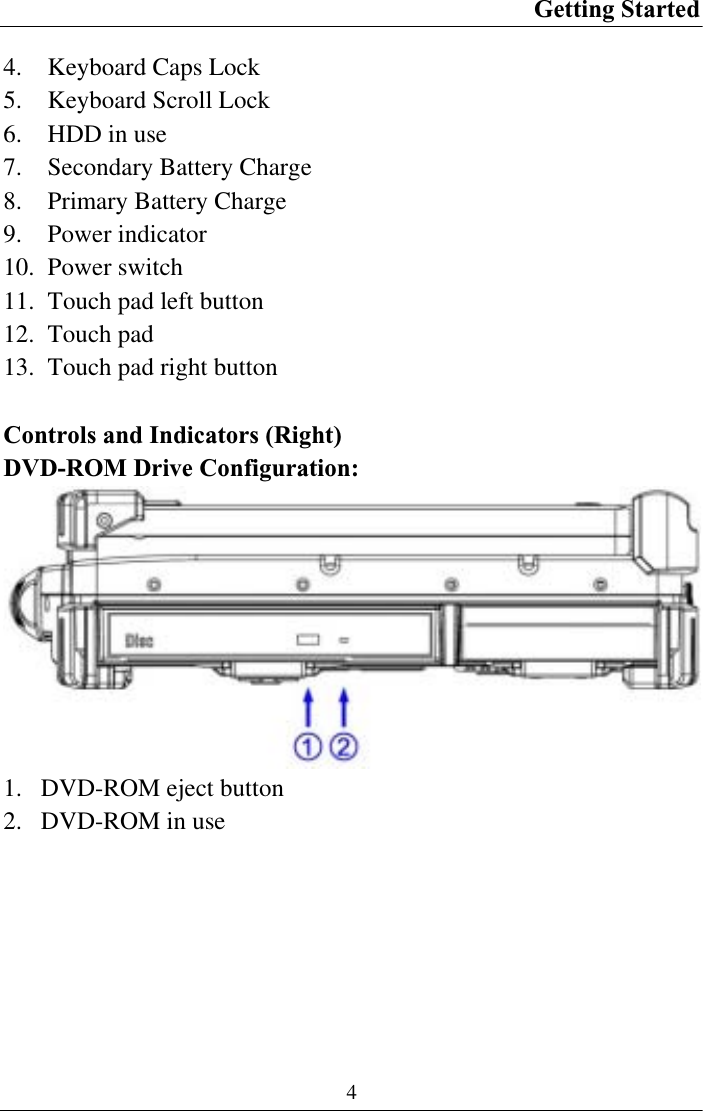 Getting Started 44. Keyboard Caps Lock 5. Keyboard Scroll Lock 6. HDD in use 7. Secondary Battery Charge 8. Primary Battery Charge 9. Power indicator 10. Power switch11. Touch pad left button 12. Touch pad 13. Touch pad right button Controls and Indicators (Right)DVD-ROM Drive Configuration: 1. DVD-ROM eject button 2. DVD-ROM in use