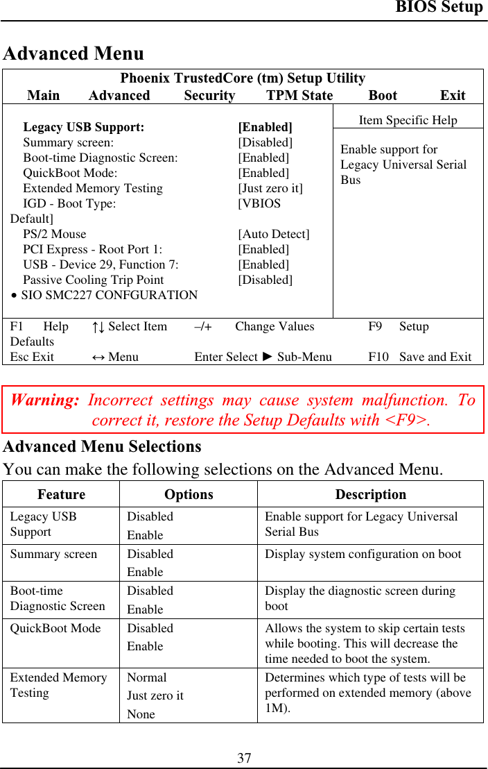 BIOS Setup 37Advanced Menu Phoenix TrustedCore (tm) Setup Utility Main Advanced  Security  TPM State  Boot  ExitItem Specific Help Legacy USB Support:   [Enabled] Summary screen:   [Disabled] Boot-time Diagnostic Screen:  [Enabled] QuickBoot Mode:   [Enabled] Extended Memory Testing   [Just zero it] IGD - Boot Type:   [VBIOS Default] PS/2 Mouse  [Auto Detect] PCI Express - Root Port 1:   [Enabled] USB - Device 29, Function 7:   [Enabled] Passive Cooling Trip Point  [Disabled] • SIO SMC227 CONFGURATION Enable support for Legacy Universal Serial BusF1 Help  ĹĻ Select Item  –/+  Change Values  F9  Setup DefaultsEsc Exit  ļ Menu  Enter Select Ź Sub-Menu  F10  Save and Exit Warning: Incorrect settings may cause system malfunction. To correct it, restore the Setup Defaults with &lt;F9&gt;.Advanced Menu Selections You can make the following selections on the Advanced Menu.  Feature Options  Description Legacy USB Support DisabledEnableEnable support for Legacy Universal Serial Bus Summary screen  Disabled EnableDisplay system configuration on boot Boot-timeDiagnostic Screen  DisabledEnableDisplay the diagnostic screen during bootQuickBoot Mode  Disabled EnableAllows the system to skip certain tests while booting. This will decrease the time needed to boot the system. Extended Memory Testing NormalJust zero it NoneDetermines which type of tests will be performed on extended memory (above 1M).