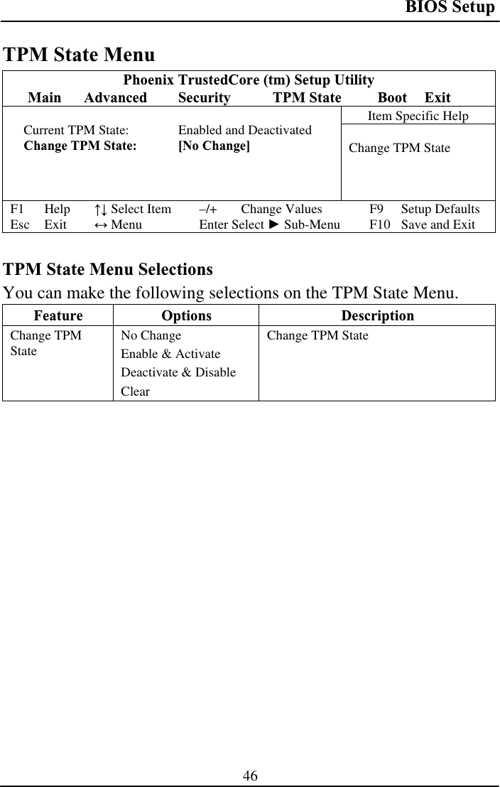 BIOS Setup 46TPM State Menu Phoenix TrustedCore (tm) Setup Utility Main Advanced  Security  TPM State  Boot ExitItem Specific Help Current TPM State:   Enabled and Deactivated Change TPM State:  [No Change]  Change TPM State F1 Help  ĹĻ Select Item  –/+  Change Values  F9  Setup Defaults Esc Exit  ļ Menu  Enter Select Ź Sub-Menu  F10  Save and Exit TPM State Menu Selections You can make the following selections on the TPM State Menu.  Feature Options  Description Change TPM State  No Change Enable &amp; Activate Deactivate &amp; Disable ClearChange TPM State 