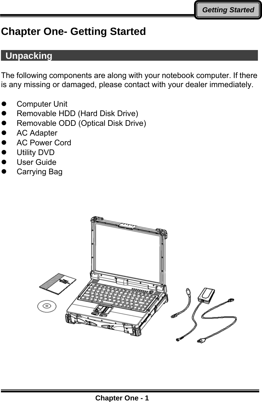      Chapter One - 1Getting StartedChapter One- Getting Started   Unpacking                                                The following components are along with your notebook computer. If there is any missing or damaged, please contact with your dealer immediately.  z Computer Unit z  Removable HDD (Hard Disk Drive) z  Removable ODD (Optical Disk Drive) z AC Adapter z  AC Power Cord z Utility DVD z User Guide z Carrying Bag    