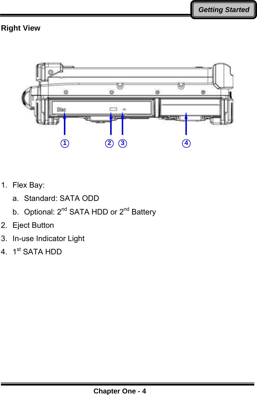      Chapter One - 4Getting StartedRight View        1.  Flex Bay: a.  Standard: SATA ODD b. Optional: 2nd SATA HDD or 2nd Battery 2.  Eject Button 3.  In-use Indicator Light 4.  1st SATA HDD  ○1  ○3 ○2  ○4 