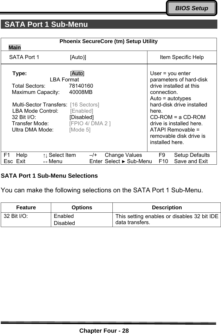    Chapter Four - 28BIOS Setup SATA Port 1 Sub-Menu                                    Phoenix SecureCore (tm) Setup Utility Main         SATA Port 1            [Auto)]  Item Specific Help  Type: [Auto]                  LBA Format Total Sectors:      78140160 Maximum Capacity:    40008MB  Multi-Sector Transfers:   [16 Sectors] LBA Mode Control:  [Enabled]    32 Bit I/O:   [Disabled]    Transfer Mode:   [FPIO 4/ DMA 2 ]    Ultra DMA Mode:    [Mode 5]     User = you enter parameters of hard-disk drive installed at this connection. Auto = autotypes hard-disk drive installed here. CD-ROM = a CD-ROM drive is installed here. ATAPI Removable = removable disk drive is installed here. F1 Help ↑↓ Select Item –/+ Change Values F9 Setup Defaults Esc Exit ↔ Menu Enter Select ► Sub-Menu F10 Save and Exit    SATA Port 1 Sub-Menu Selections  You can make the following selections on the SATA Port 1 Sub-Menu.  Feature Options  Description 32 Bit I/O:  Enabled Disabled This setting enables or disables 32 bit IDE data transfers.  