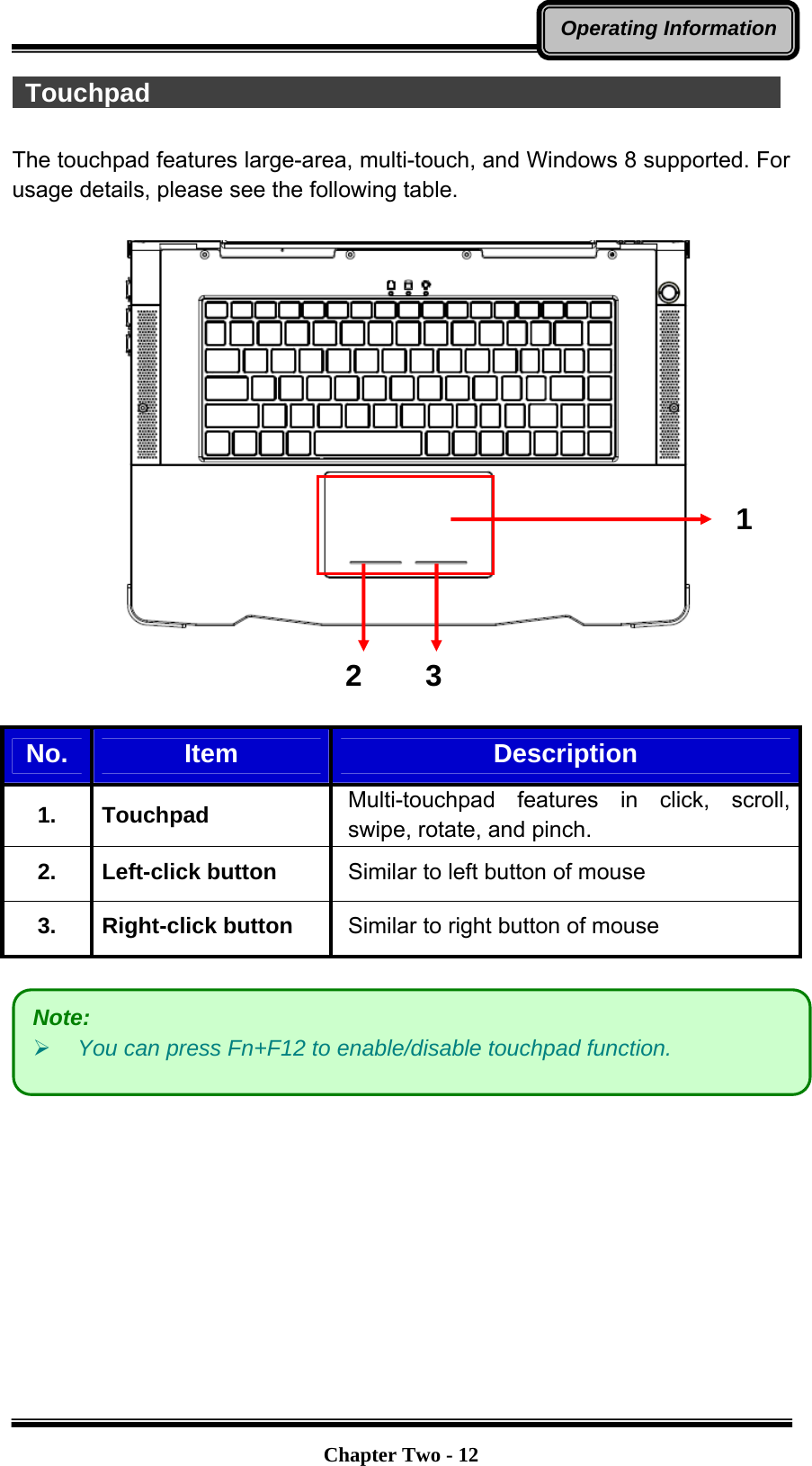   Chapter Two - 12Operating Information Touchpad                                                  The touchpad features large-area, multi-touch, and Windows 8 supported. For usage details, please see the following table.        No.  Item  Description 1. Touchpad Multi-touchpad features in click, scroll, swipe, rotate, and pinch. 2. Left-click button Similar to left button of mouse 3. Right-click button  Similar to right button of mouse   Note:  You can press Fn+F12 to enable/disable touchpad function.   1 2 3 