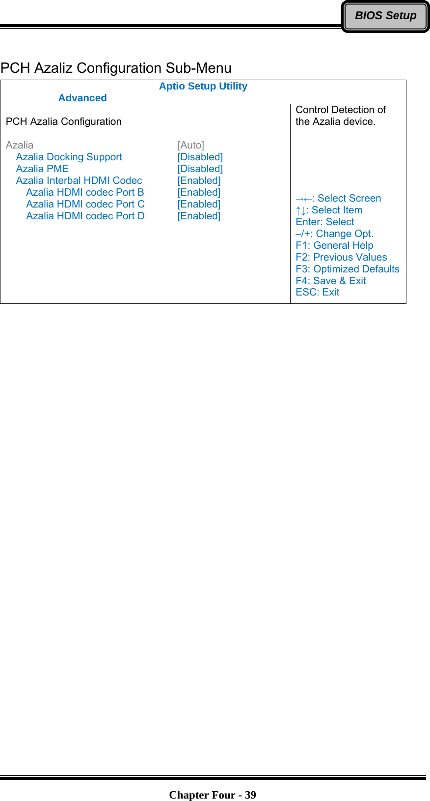   Chapter Four - 39BIOS Setup PCH Azaliz Configuration Sub-Menu Aptio Setup Utility  Advanced  Control Detection of the Azalia device.  PCH Azalia Configuration  Azalia      [Auto] Azalia Docking Support      [Disabled] Azalia PME     [Disabled] Azalia Interbal HDMI Codec      [Enabled]     Azalia HDMI codec Port B    [Enabled] Azalia HDMI codec Port C    [Enabled] Azalia HDMI codec Port D    [Enabled] →←: Select Screen ↑↓: Select Item Enter: Select –/+: Change Opt. F1: General Help F2: Previous Values F3: Optimized Defaults F4: Save &amp; Exit ESC: Exit  