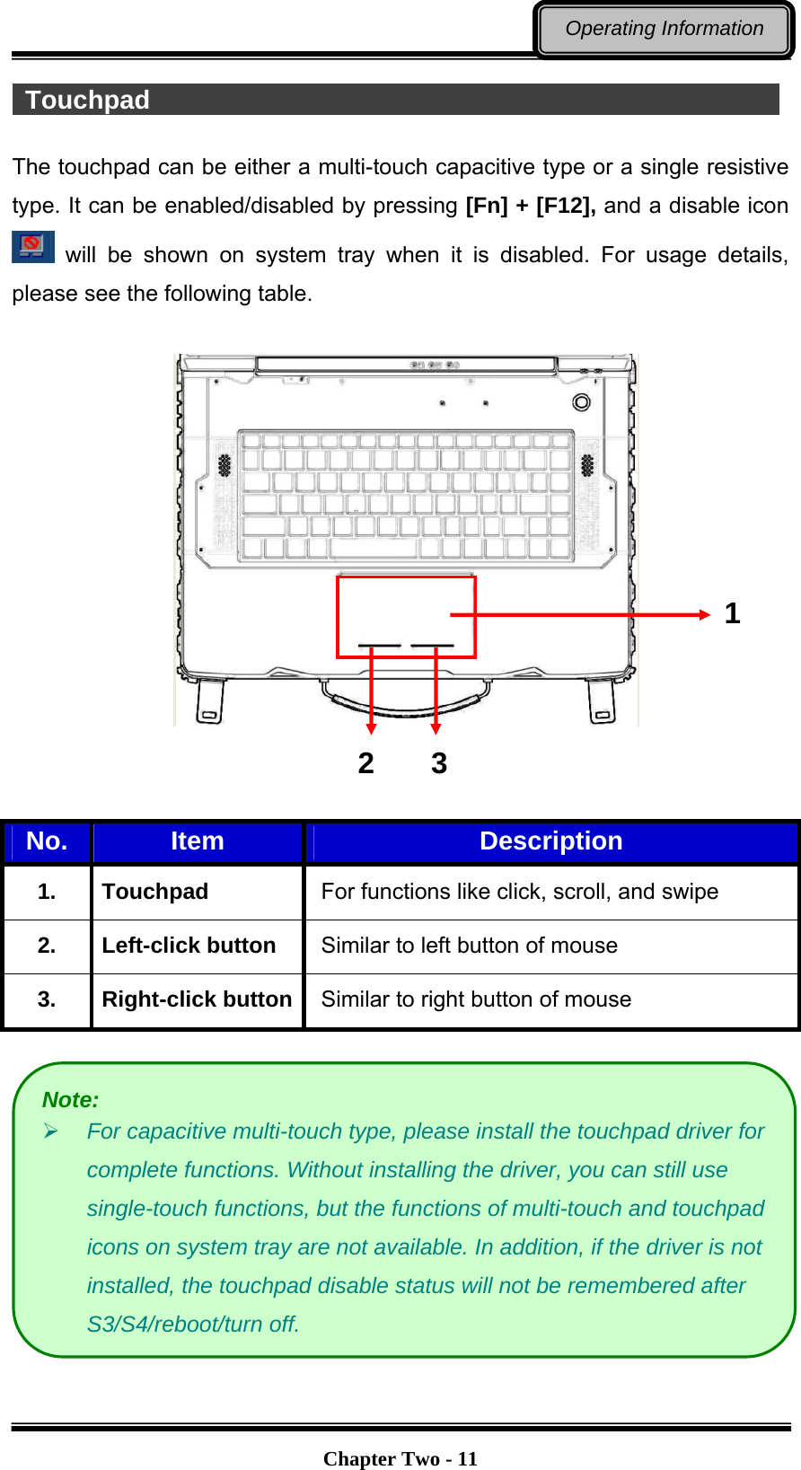   Chapter Two - 11Operating Information  Touchpad                                                  The touchpad can be either a multi-touch capacitive type or a single resistive type. It can be enabled/disabled by pressing [Fn] + [F12], and a disable icon  will be shown on system tray when it is disabled. For usage details, please see the following table.        No.  Item  Description 1. Touchpad For functions like click, scroll, and swipe 2. Left-click button Similar to left button of mouse 3. Right-click button Similar to right button of mouse   Note:  For capacitive multi-touch type, please install the touchpad driver for complete functions. Without installing the driver, you can still use single-touch functions, but the functions of multi-touch and touchpad icons on system tray are not available. In addition, if the driver is not installed, the touchpad disable status will not be remembered after S3/S4/reboot/turn off. 1 2 3 