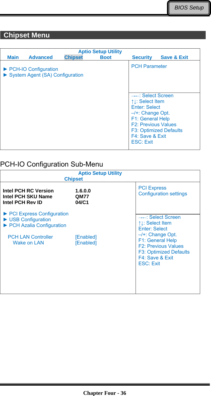   Chapter Four - 36BIOS Setup  Chipset Menu               Aptio Setup Utility Main  Advanced  Chipset  Boot  Security  Save &amp; Exit PCH Parameter  ► PCH-IO Configuration ► System Agent (SA) Configuration  →←: Select Screen ↑↓: Select Item Enter: Select –/+: Change Opt. F1: General Help F2: Previous Values F3: Optimized Defaults F4: Save &amp; Exit ESC: Exit  PCH-IO Configuration Sub-Menu Aptio Setup Utility    Chipset  PCI Express Configuration settings  Intel PCH RC Version    1.6.0.0 Intel PCH SKU Name    QM77 Intel PCH Rev ID      04/C1  ► PCI Express Configuration ► USB Configuration ► PCH Azalia Configuration  PCH LAN Controller    [Enabled]     Wake on LAN      [Enabled]   →←: Select Screen ↑↓: Select Item Enter: Select –/+: Change Opt. F1: General Help F2: Previous Values F3: Optimized Defaults F4: Save &amp; Exit ESC: Exit  