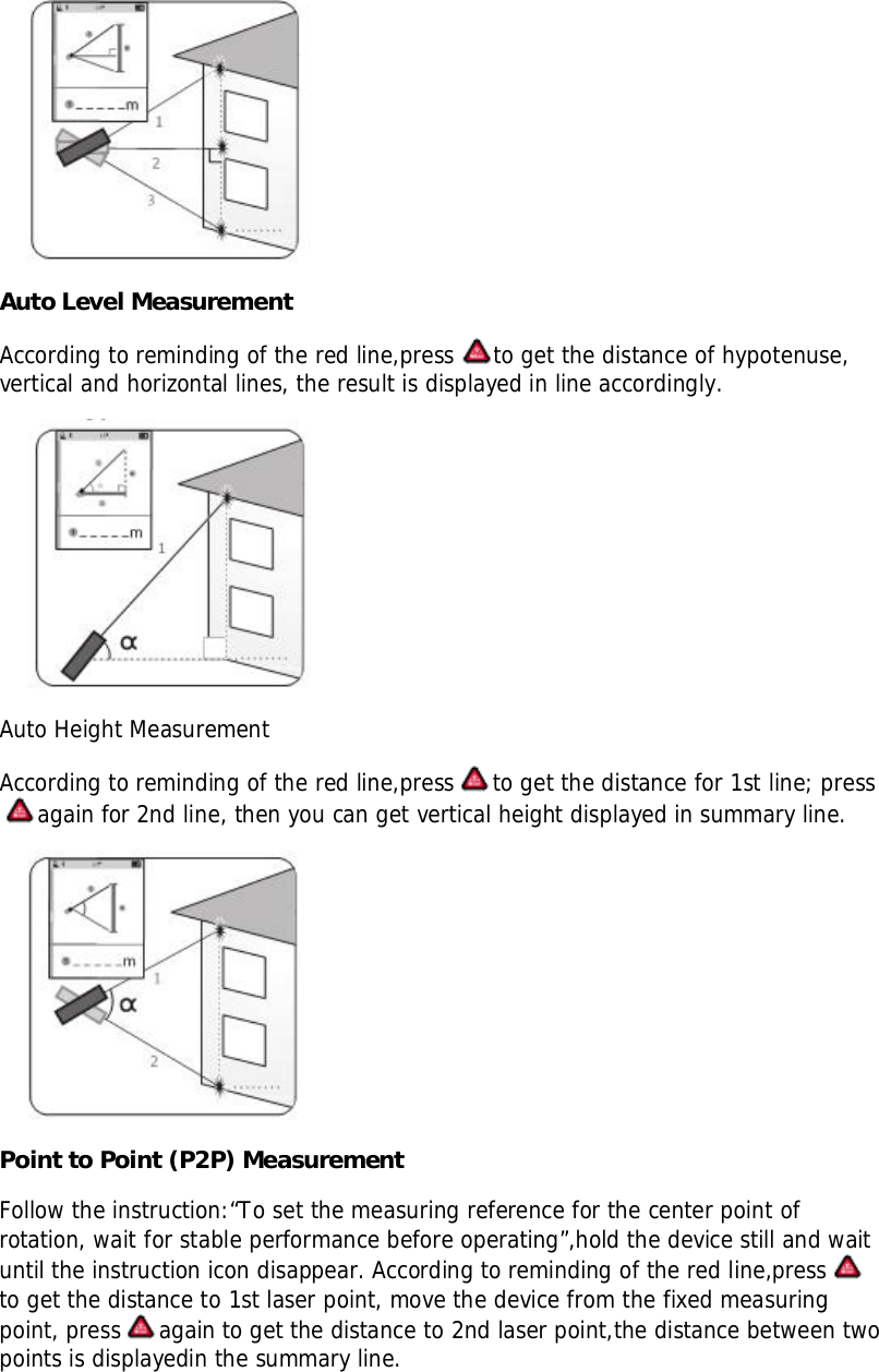 Auto Level MeasurementAccording to reminding of the red line,press to get the distance of hypotenuse,vertical and horizontal lines, the result is displayed in line accordingly.Auto Height MeasurementAccording to reminding of the red line,press to get the distance for 1st line; pressagain for 2nd line, then you can get vertical height displayed in summary line.Point to Point (P2P) MeasurementFollow the instruction:“To set the measuring reference for the center point ofrotation, wait for stable performance before operating”,hold the device still and waituntil the instruction icon disappear. According to reminding of the red line,pressto get the distance to 1st laser point, move the device from the fixed measuringpoint, press again to get the distance to 2nd laser point,the distance between twopoints is displayedin the summary line.