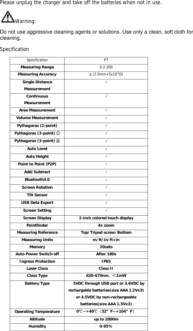 Please unplug the charger and take off the batteries when not in use.Warning:Do not use aggressive cleaning agents or solutions. Use only a clean, soft cloth forcleaning.SpecificationSpecification P7Measuring Range 0.2-200Measuring Accuracy ±(2.0mm+5x10-5D)Single DistanceMeasurementContinuousMeasurementArea Measurement Volume Measurement Pythagoras (2-point) Pythagoras (3-point) Pythagoras (3-point) Auto Level Auto Height Point to Point (P2P) Add/Subtract Bluetooth4.0 Screen Rotation Tilt Sensor USB Data Export Screen Setting Screen Display 2-inch colored touch displayPointfinder 4x zoomMeasuring Reference Top/Tripod screw/BottomMeasuring Units m/ft/in/ft+inMemory 20setsAuto Power Switch-off After 180sIngress Protection IP65Laser Class Class IIClass Type 630-670nm1mWBattery Type   5VDC through USB port or 3.6VDC byrechargeble batteries(size AAA 1.2Vx3)or 4.5VDC by non-rechargeablebatteries(size AAA 1.5Vx3)Operating Temperature 0~+4032°F~+104°FAltitude up to 2000mHumidity 0-95%