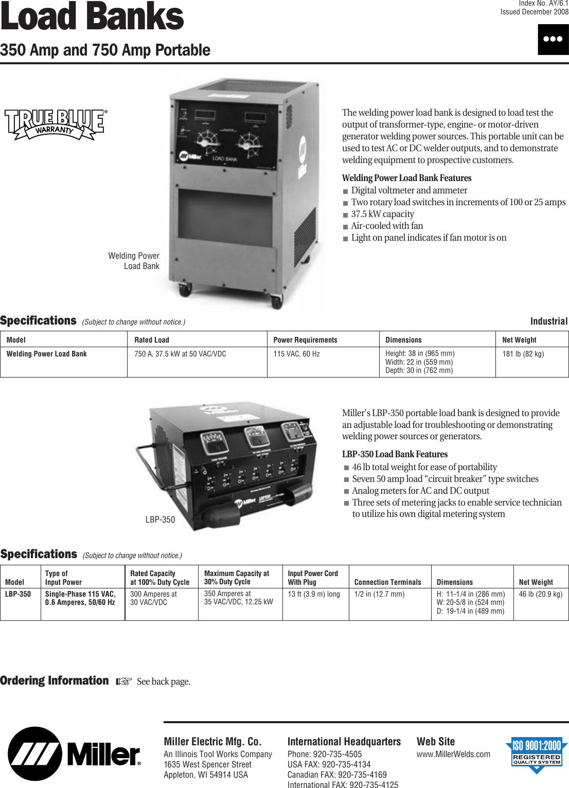 Page 1 of 2 - Miller-Electric Miller-Electric-Load-Bank-Lbp-350-Users-Manual- A AY6-1 Load Banks  Miller-electric-load-bank-lbp-350-users-manual