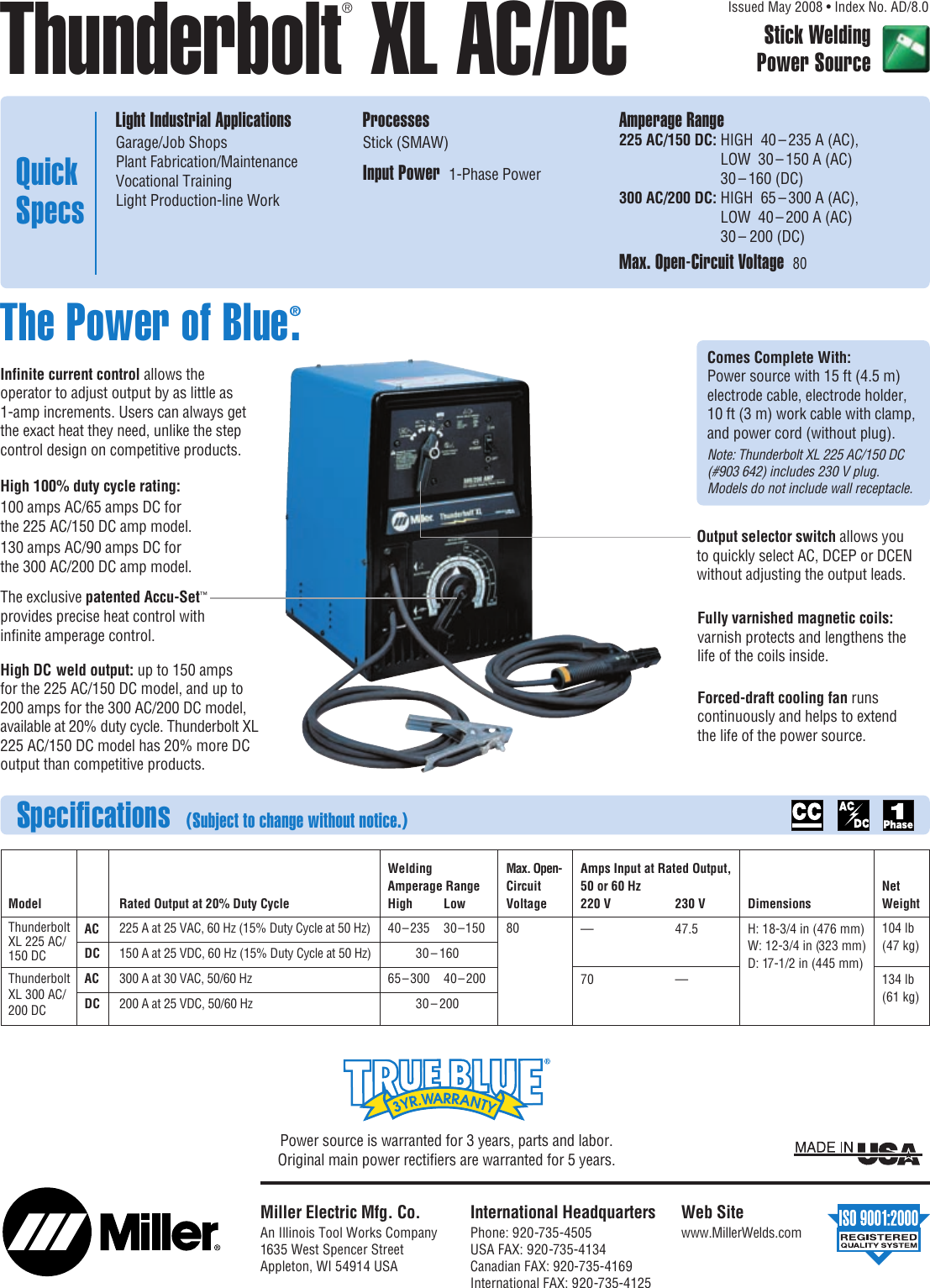 Page 1 of 2 - Miller-Electric Miller-Electric-Thunderbolt-Xl-Ac-Dc-Users-Manual- A AD8-0 Thunderbolt XL ACDC  Miller-electric-thunderbolt-xl-ac-dc-users-manual