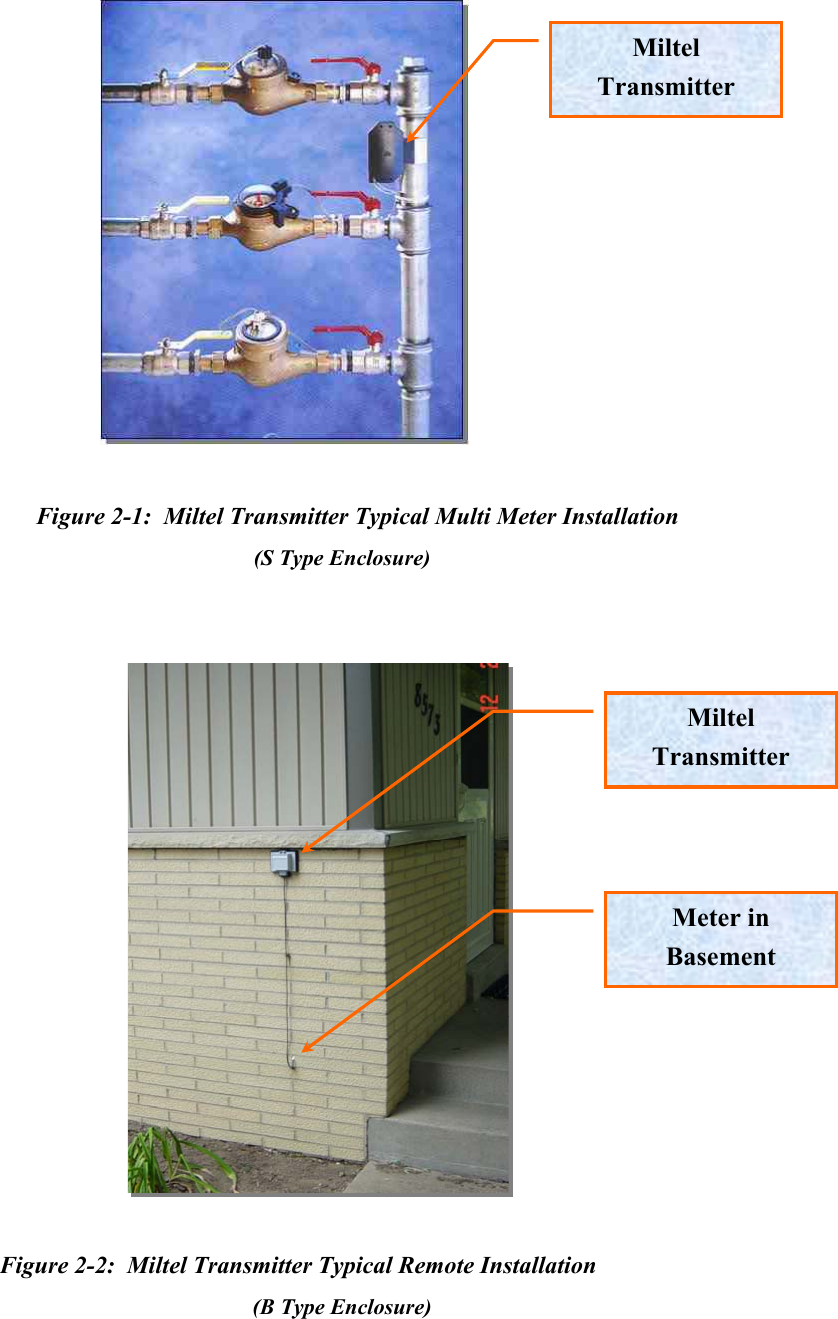                               Figure 2-1:  Miltel Transmitter Typical Multi Meter Installation (S Type Enclosure)                                                         Figure 2-2:  Miltel Transmitter Typical Remote Installation (B Type Enclosure) Miltel Transmitter  Miltel Transmitter Meter in Basement 