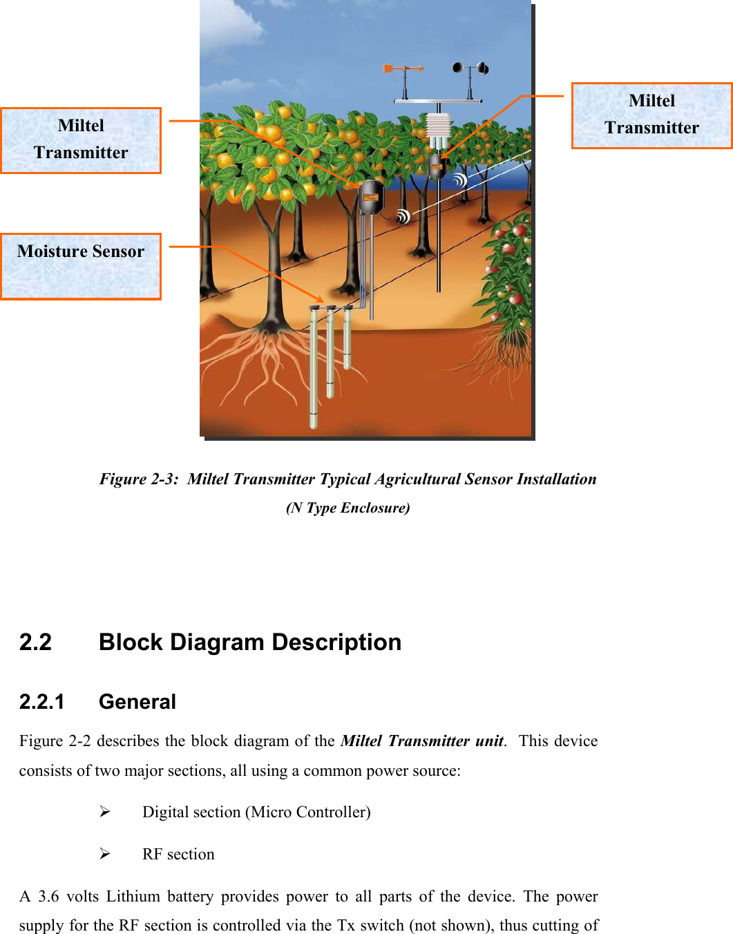                           Figure 2-3:  Miltel Transmitter Typical Agricultural Sensor Installation (N Type Enclosure)  2.2    Block Diagram Description 2.2.1     General Figure 2-2 describes the block diagram of the Miltel Transmitter unit.  This device consists of two major sections, all using a common power source:   &frac34;  Digital section (Micro Controller)  &frac34;  RF section   A 3.6 volts Lithium battery provides power to all parts of the device. The power supply for the RF section is controlled via the Tx switch (not shown), thus cutting of  Miltel Transmitter Moisture Sensor  Miltel Transmitter 