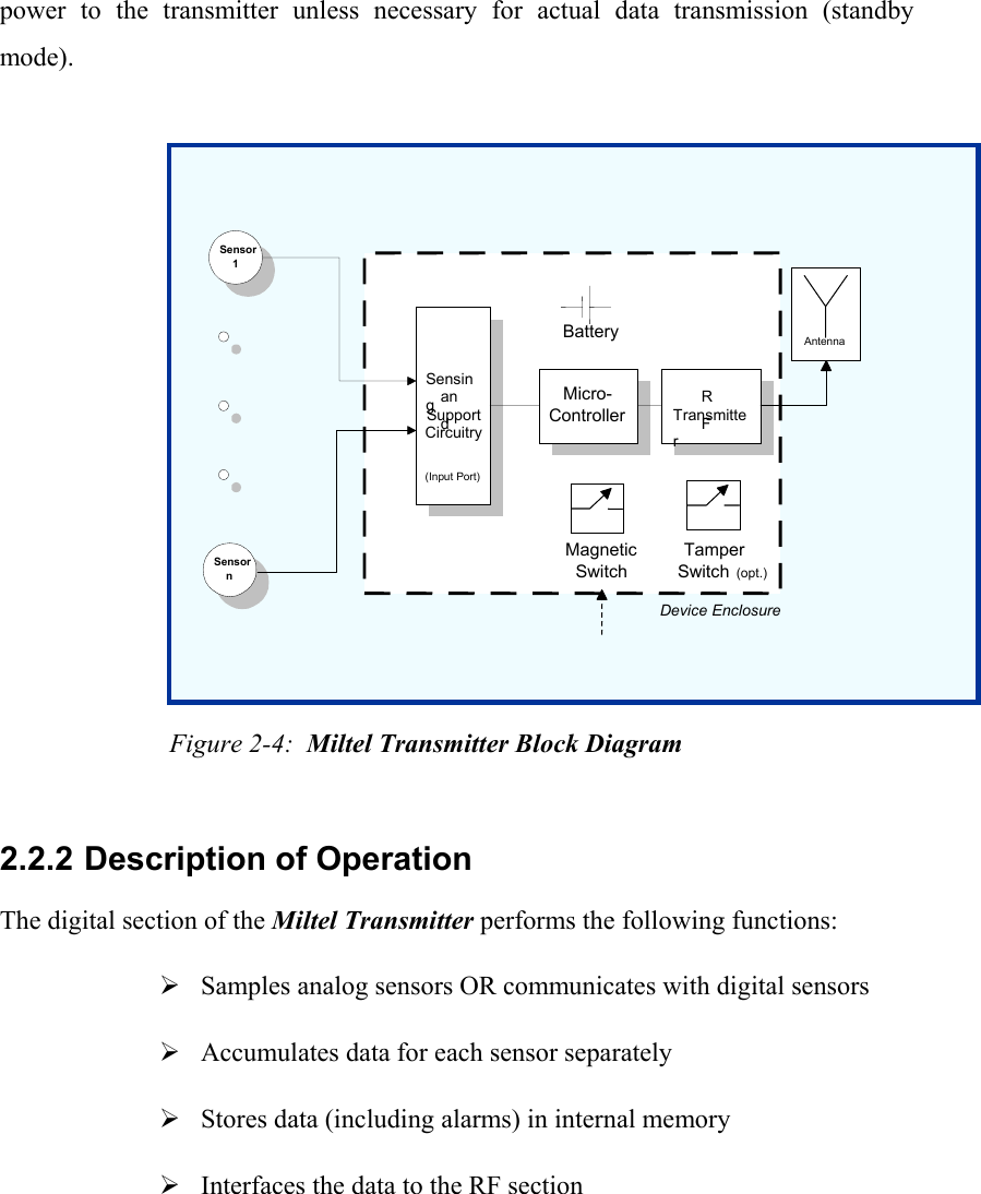 power to the transmitter unless necessary for actual data transmission (standby mode).             Figure 2-4:  Miltel Transmitter Block Diagram 2.2.2  Description of Operation The digital section of the Miltel Transmitter performs the following functions: &frac34;  Samples analog sensors OR communicates with digital sensors &frac34;  Accumulates data for each sensor separately   &frac34;  Stores data (including alarms) in internal memory &frac34;  Interfaces the data to the RF section Sensor1 Sensorn SensingandSupportCircuitry(Input Port) Micro-ControllerRFTransmitterAntenna BatteryDevice EnclosureMagneticSwitchTamperSwitch (opt.)
