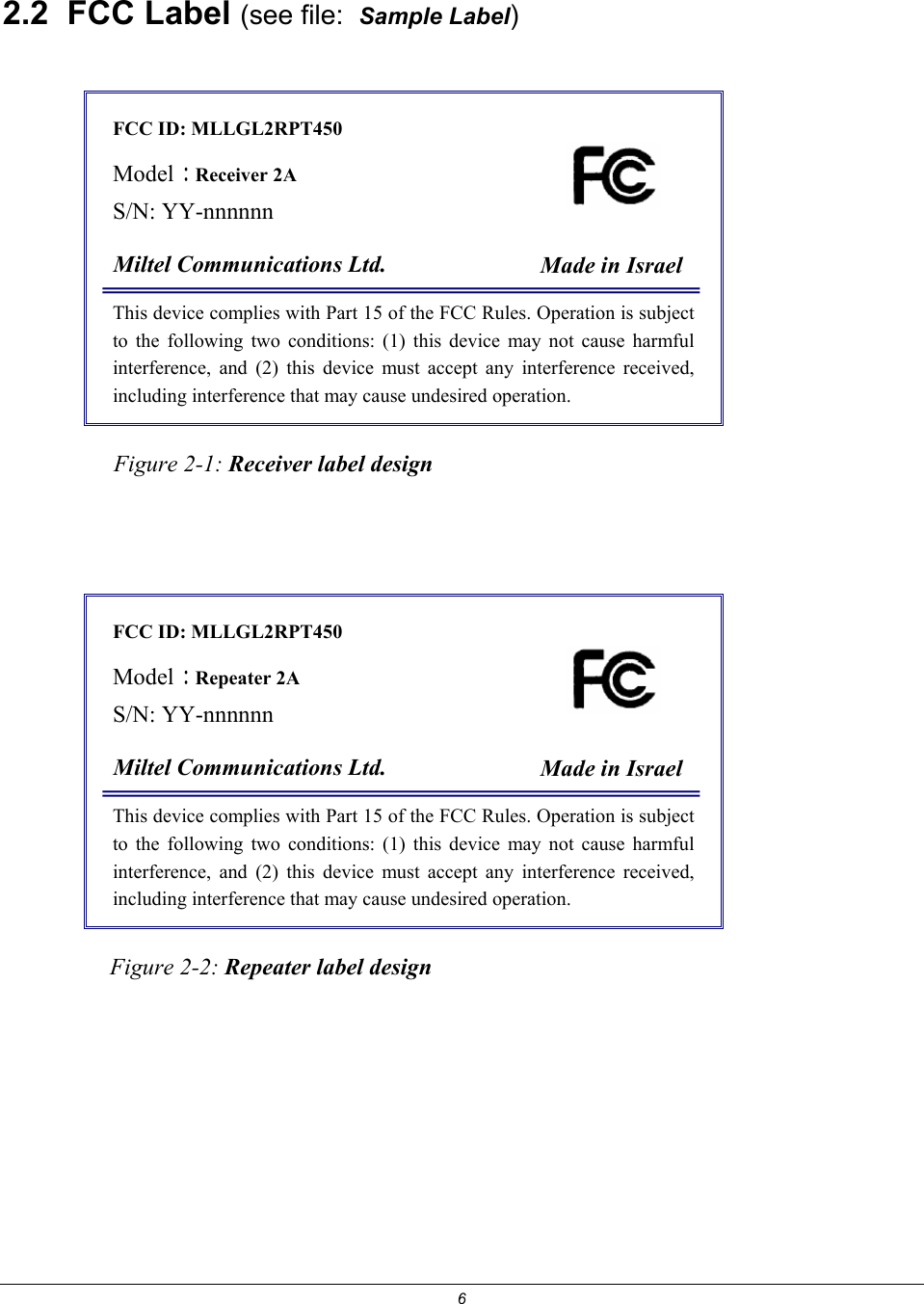 6   2.2 FCC Label (see file:  Sample Label)  FCC ID: MLLGL2RPT450   Model :  Receiver 2A S/N: YY-nnnnnn           Miltel Communications Ltd.  Made in Israel This device complies with Part 15 of the FCC Rules. Operation is subject to the following two conditions: (1) this device may not cause harmful interference, and (2) this device must accept any interference received, including interference that may cause undesired operation.                    Figure 2-1: Receiver label design FCC ID: MLLGL2RPT450   Model :  Repeater 2A S/N: YY-nnnnnn           Miltel Communications Ltd.  Made in Israel This device complies with Part 15 of the FCC Rules. Operation is subject to the following two conditions: (1) this device may not cause harmful interference, and (2) this device must accept any interference received, including interference that may cause undesired operation.             Figure 2-2: Repeater label design    