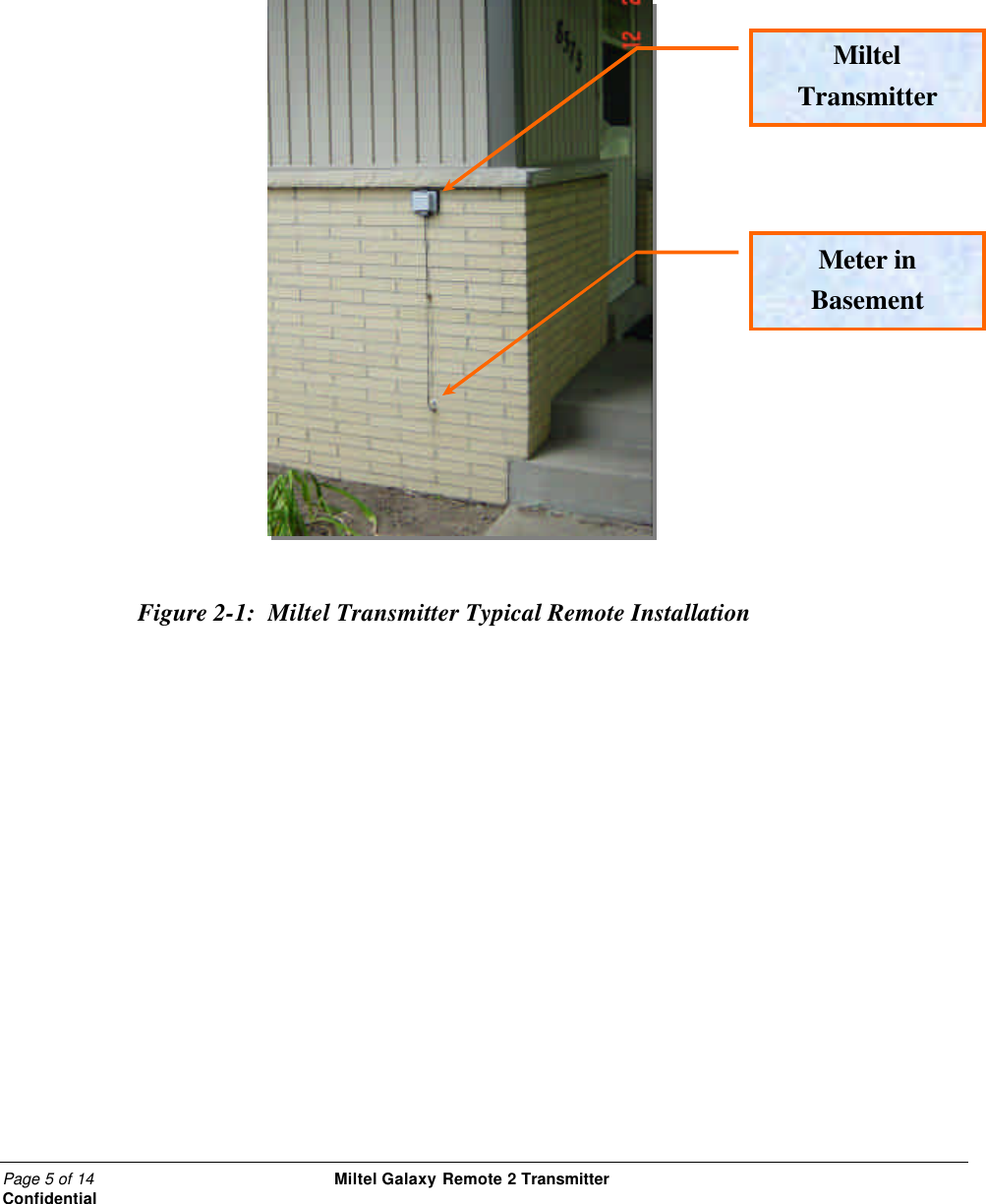 Page 5 of 14                                                 Miltel Galaxy Remote 2 Transmitter                                                      Confidential                                                                                        Figure 2-1:  Miltel Transmitter Typical Remote Installation       Miltel Transmitter Meter in Basement 