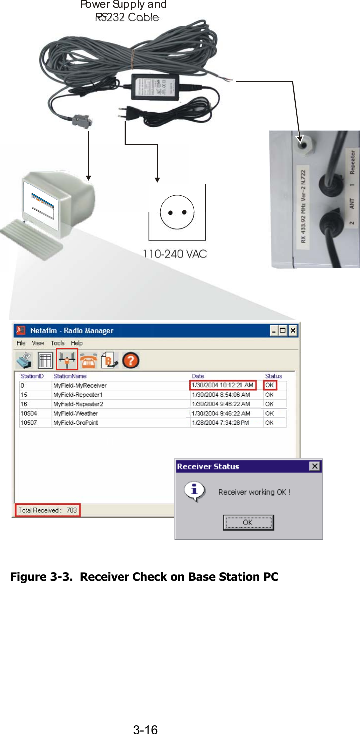   3-16 Po w e r  Supply and R 232 CableS110-240 VAC  Figure  3-3.  Receiver Check on Base Station PC   