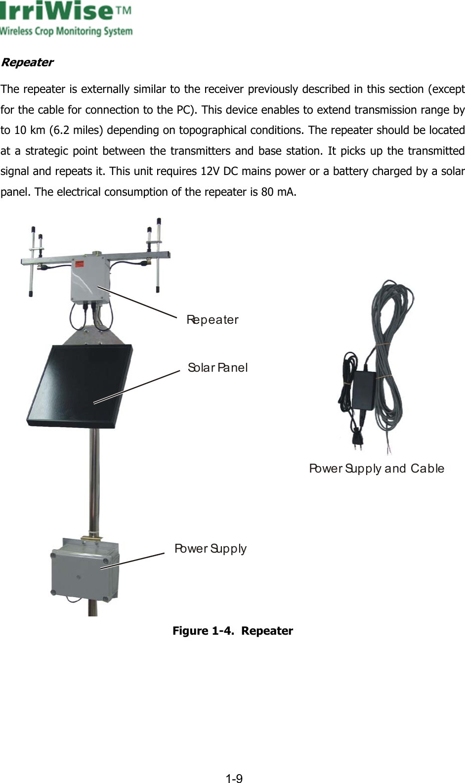      1-9  Repeater The repeater is externally similar to the receiver previously described in this section (except for the cable for connection to the PC). This device enables to extend transmission range by to 10 km (6.2 miles) depending on topographical conditions. The repeater should be located at a strategic point between the transmitters and base station. It picks up the transmitted signal and repeats it. This unit requires 12V DC mains power or a battery charged by a solar panel. The electrical consumption of the repeater is 80 mA. RepeaterSo l a r Pa n e lPo w e r  Su p p l yPower Supply and Cable Figure  1-4.  Repeater   