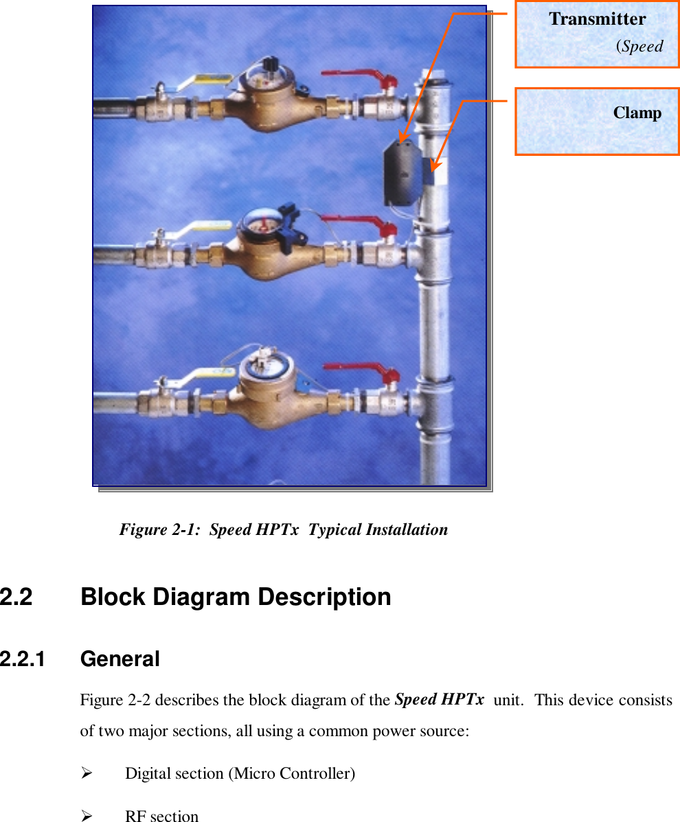                             Figure 2-1:  Speed HPTx  Typical Installation2.2   Block Diagram Description2.2.1    GeneralFigure 2-2 describes the block diagram of the Speed HPTx  unit.  This device consistsof two major sections, all using a common power source:!  Digital section (Micro Controller)!  RF sectionTransmitter (SpeedClamp