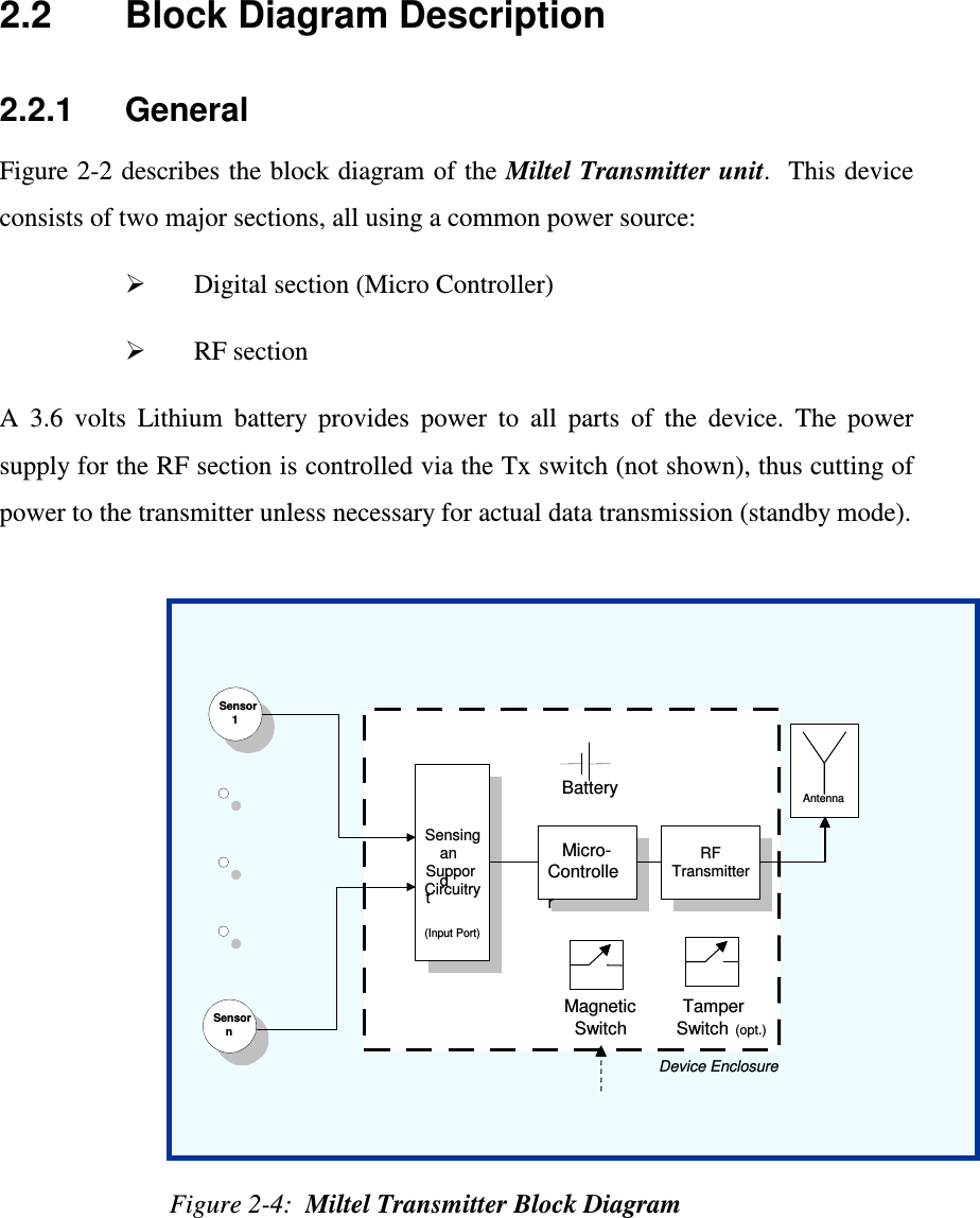 2.2    Block Diagram Description 2.2.1     General Figure 2-2 describes the block diagram of the Miltel Transmitter unit.  This device consists of two major sections, all using a common power source:     Digital section (Micro Controller)    RF section   A  3.6  volts  Lithium  battery  provides  power  to  all  parts  of  the  device.  The  power supply for the RF section is controlled via the Tx switch (not shown), thus cutting of power to the transmitter unless necessary for actual data transmission (standby mode).             Figure 2-4:  Miltel Transmitter Block Diagram Sensor 1 Sensor n Sensing and Support Circuitry (Input Port) Micro- Controller RF Transmitter Antenna Battery Device Enclosure Magnetic Switch Tamper Switch (opt.) 