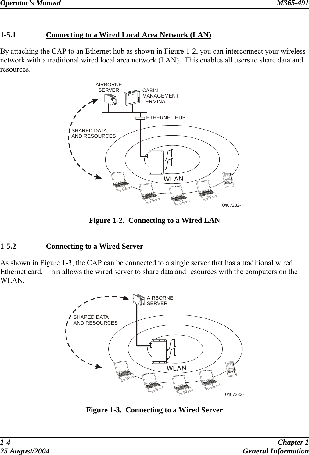 Operator’s Manual  M365-491    1-5.1   Connecting to a Wired Local Area Network (LAN) By attaching the CAP to an Ethernet hub as shown in Figure 1-2, you can interconnect your wireless network with a traditional wired local area network (LAN).  This enables all users to share data and resources.  WLANETHERNET HUBSHARED DATAAND RESOURCES0407232-AIRBORNESERVER CABINMANAGEMENTTERMINAL  Figure 1-2.  Connecting to a Wired LAN  1-5.2   Connecting to a Wired Server As shown in Figure 1-3, the CAP can be connected to a single server that has a traditional wired Ethernet card.  This allows the wired server to share data and resources with the computers on the WLAN.  WLANSHARED DATAAND RESOURCES0407233-AIRBORNESERVER  Figure 1-3.  Connecting to a Wired Server 1-4  Chapter 1 25 August/2004  General Information 